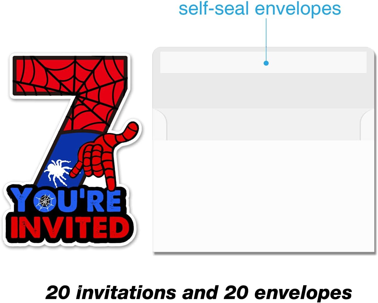 Cute Superhero 7Th Birthday Party Invitations Glitter Super Hero 7 Year Old Boy Birthday Shaped Invites Fill-In Invitations with Envelopes, Set of 20 image number 2