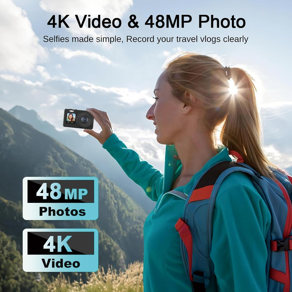 Dual-Screen 4K Digital Camera, with a 2.4" LCD Rear Screen and a 1.3" Front Screen, a 48-Megapixel Full HD Camera, an 18X Zoom Function, Nd a 64GB Memory Card, Black