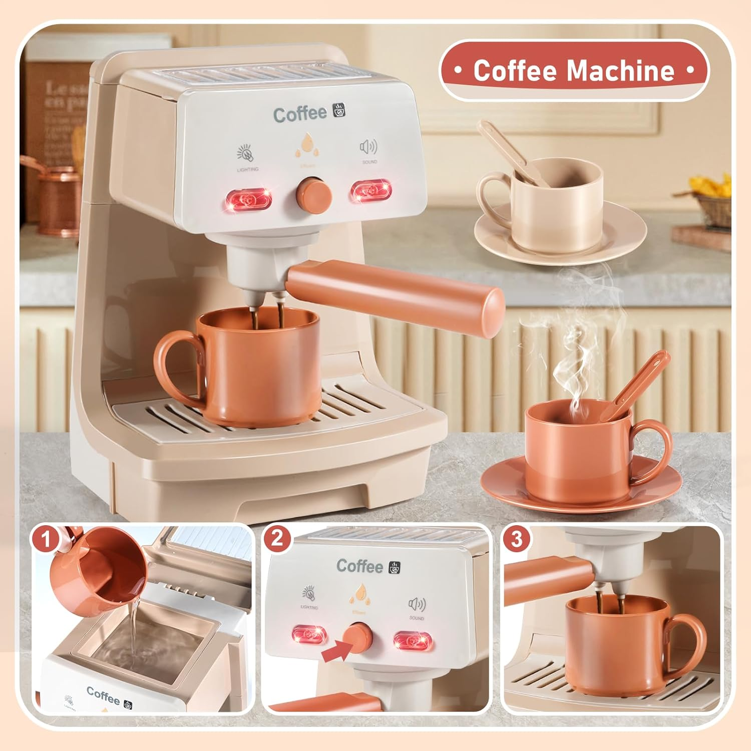 Kids Kitchen Set Includes Coffee Maker ,Blender,Fruit Machine and Toaster ,Apron and Cups,With Realistic Lights& Sounds for Kids 3+ Ages Toddler Toys