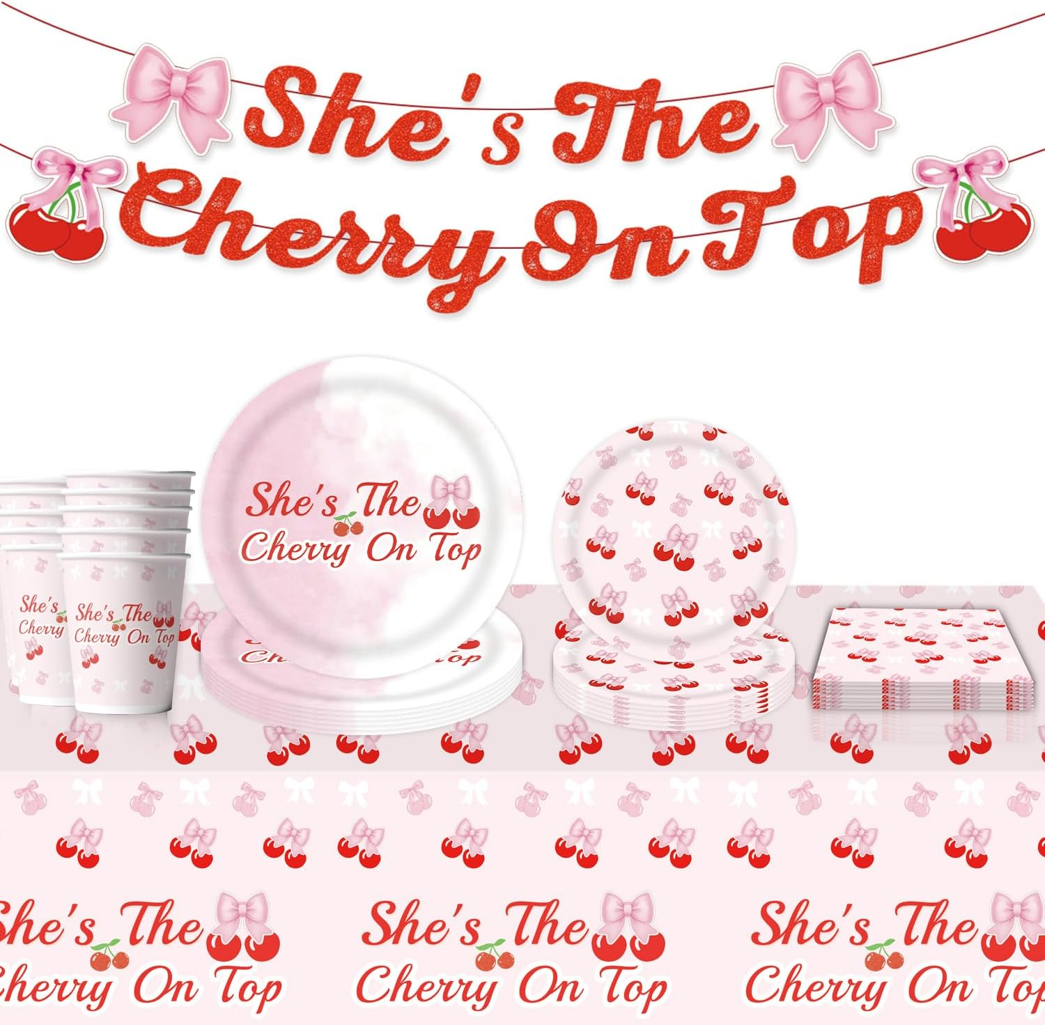62PCS Cherry Tableware Plates Romance Red Cherry Banner Tableware Set Valentine'S Day Party Decorations Theme Dinner Disposable Paper Plates Napkins Cups Tablecloth Party Table Marry Memorial Decor image number 2