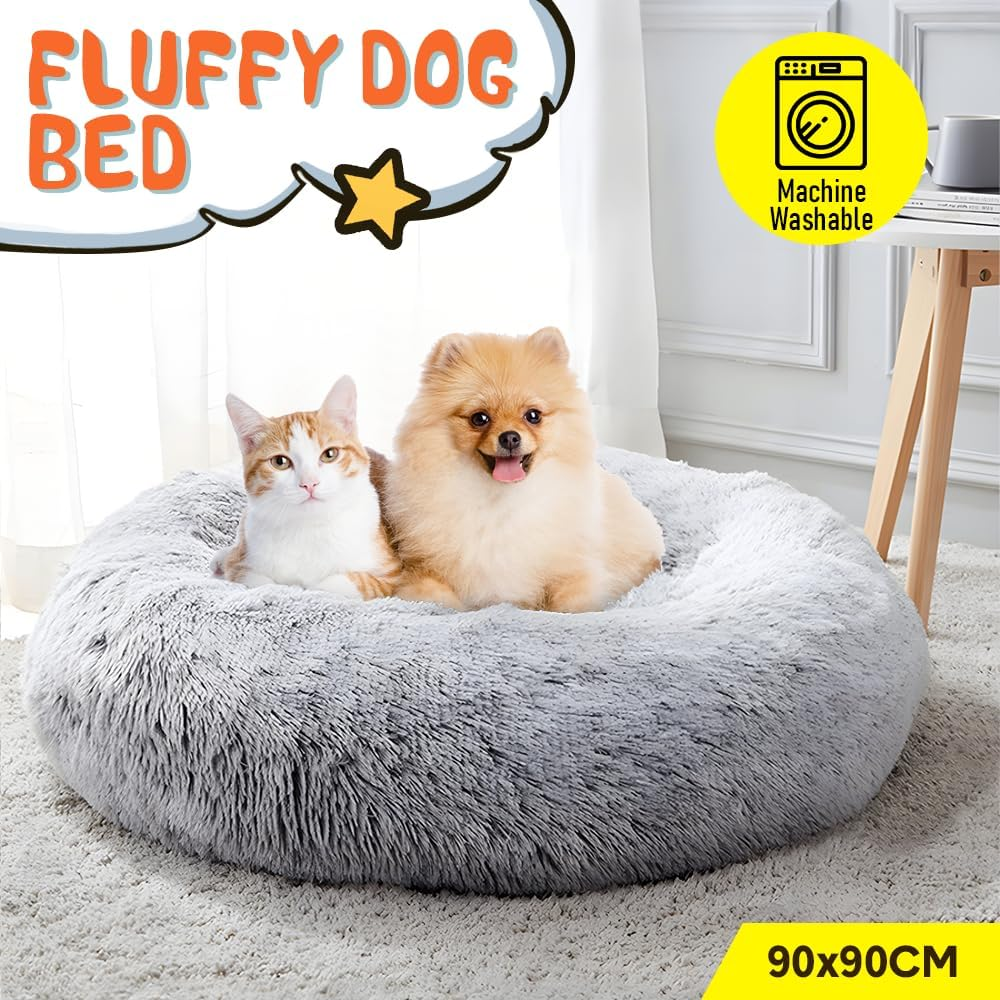 Melpet round Plush Pet Bed round Soft Warm Calming Bed Removable and Washable Fluffy Cushion Sleeping Kennel for Dogs and Cats 90Cm in Diameter Light Grey image number 5