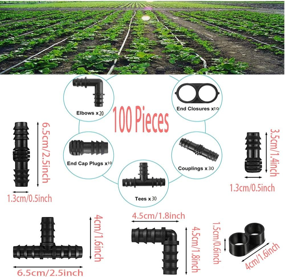 100Pcs Drip Irrigation Connectors Fittings Kit for 1/2 Inch Tubing, Including 30 Tees, 30 Couplings, 20 Elbows, 10 End Closures, 10 End Cap Plugs - Barbed Connectors Compatible Drip Sprinkler Systems image number 5