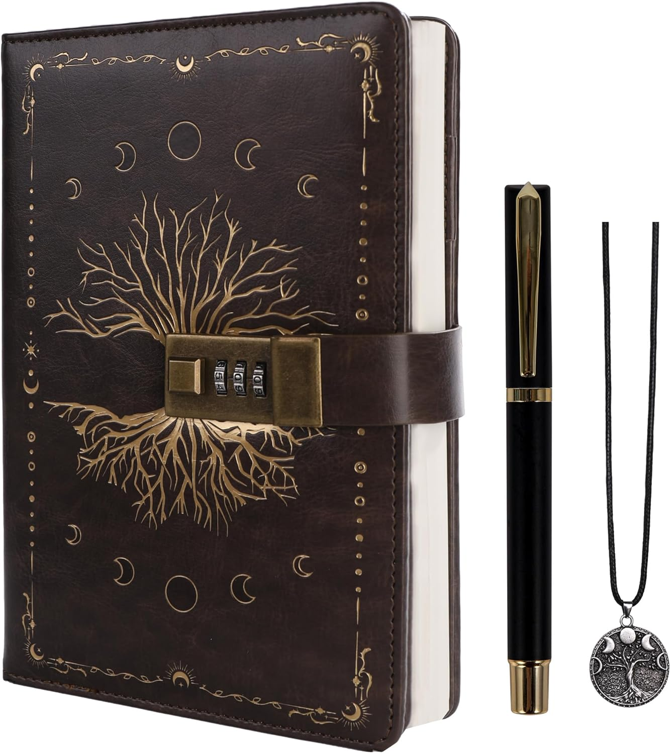 TIEFOSSI Diary with Lock, Tree of Life Vintage Journal with Lock for Women Men, A5 Refillable Notebook with Lock for Writing, 224 Numbered Pages