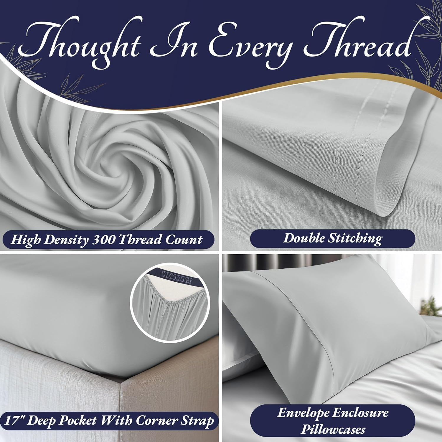 DECOLURE 100% Organic Viscose Derived from Bamboo Sheets King Size 4Pcs - Ultra Soft & Luxuriously Cooling, 17" Deep Pocket, Double Stitching, Perfect for Hot Sleepers - King Bed Sheets (Light Grey) image number 5