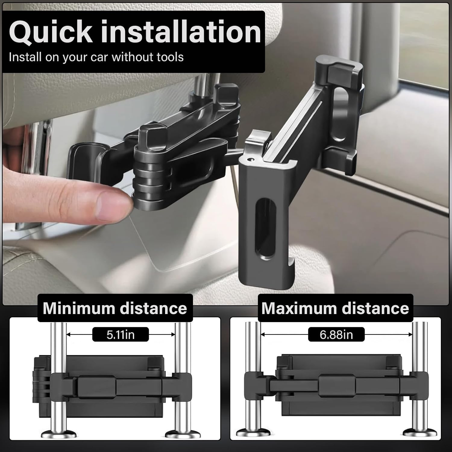 Car Headrest Tablet Holder, Ipad Car Mount Back Seat - 360&deg; Rotating Adjustable, Universal for 5-11" Tablets/Phones, Stretchable Fit for Ipad, Samsung, Phone, Backseat Headrest Mount (Black)