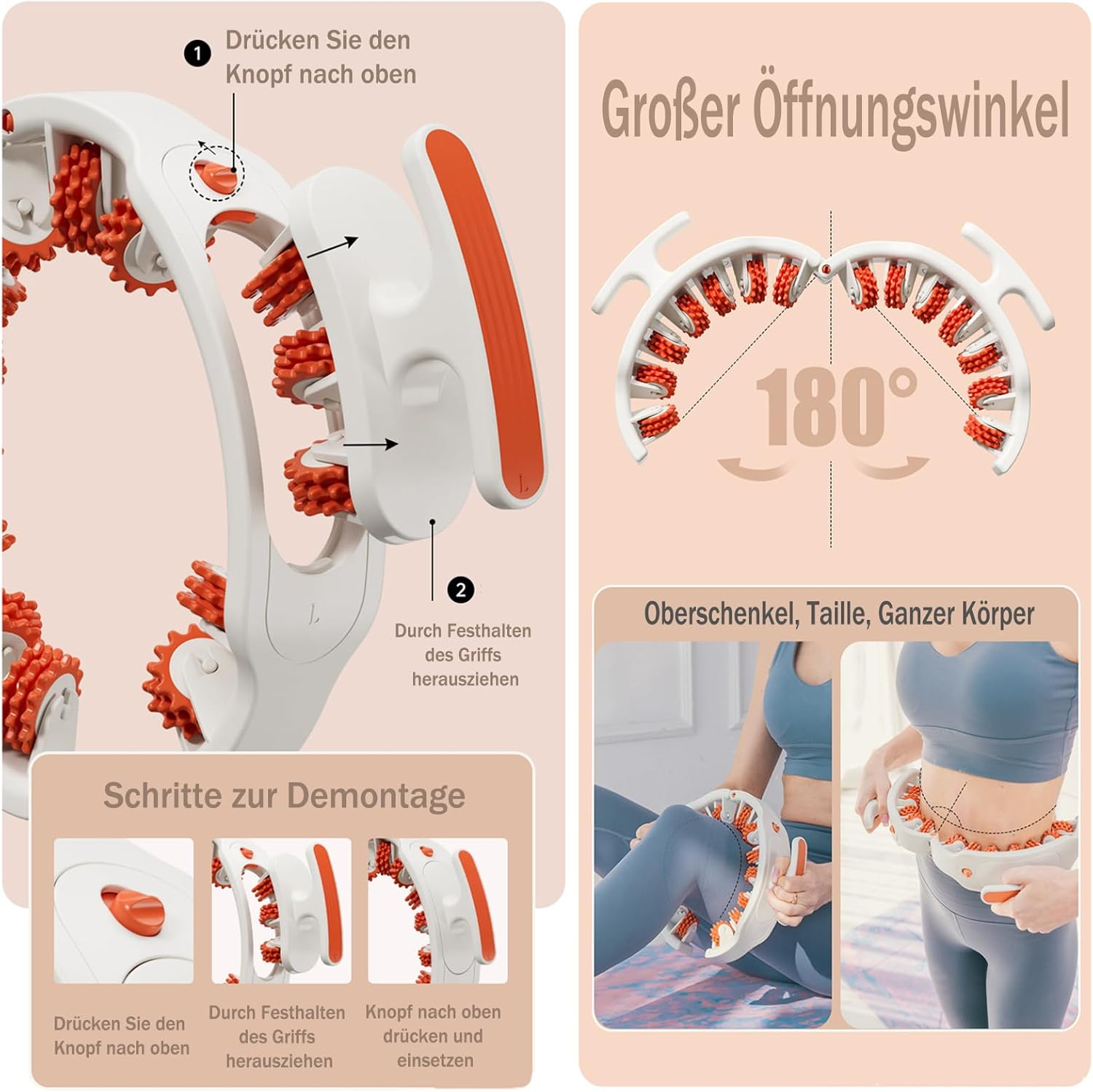 Manual Anti-Cellulite Massager with Rollers, Compress and Stretch Thighs and Buttocks, Slim Legs and Waist, Removable, Pink image number 5