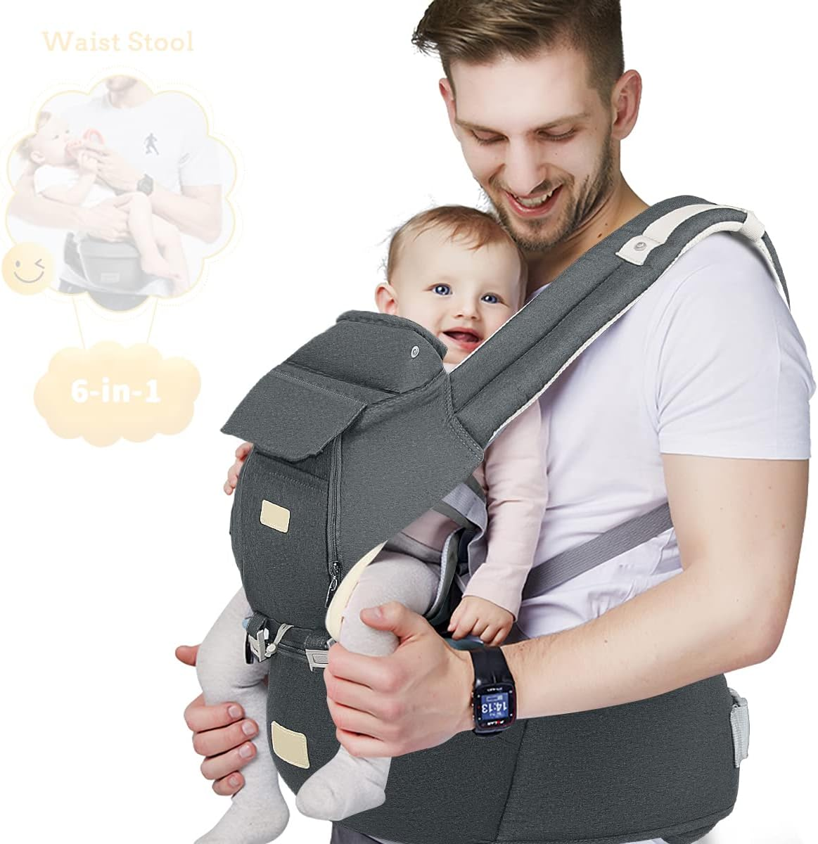 FRUITEAM Baby Carrier, 6-In-1 Baby Carrier with Waist Stool, One Size Fits All -Adapt to Newborn, Baby Hip Carrier for Breastfeeding, Infant & Toddler-2 image number 5