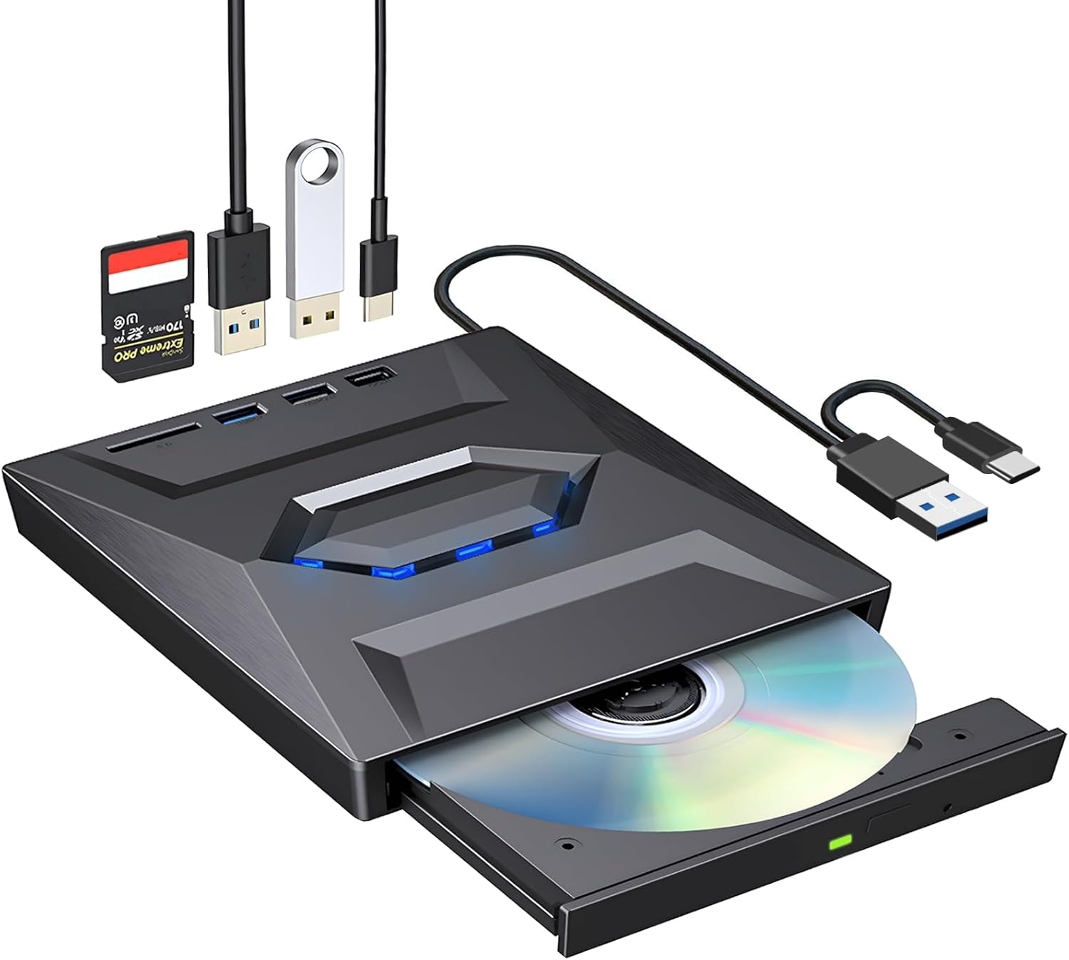 ROOFULL External CD DVD Drive USB 3.0 & USB-C CD ROM Burner DVD Player with USB Hub and SD Card Reader, Portable CD DVD +/-RW Optical Disk Drive Writer for Laptop PC Windows 11/10, Mac, Linux Computer image number 3