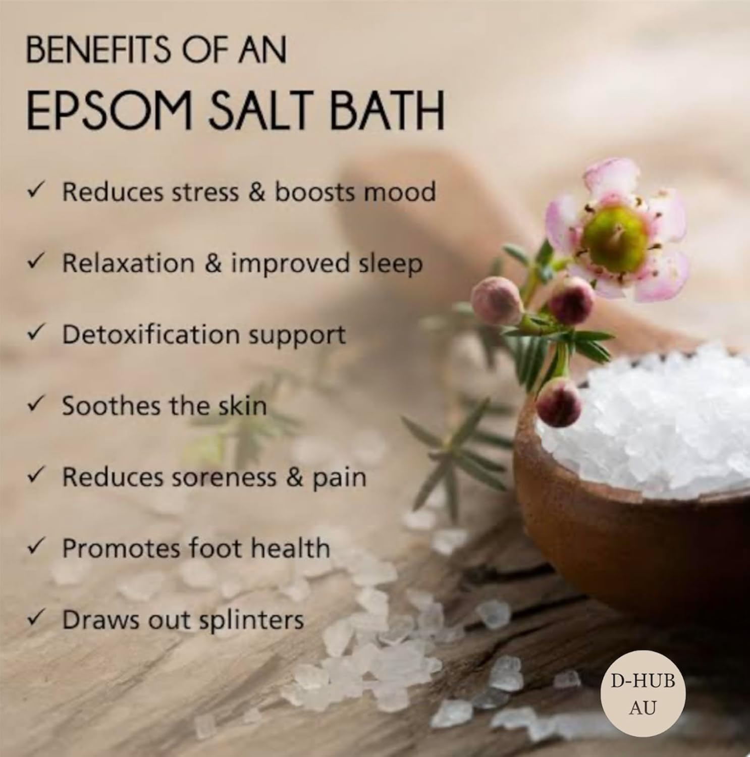 D-HUB AU: (450G) Pure Epsom Salt (Food Grade) Bath Magnesium Sulphate | Epsom Salt for Bath, Foot Soaking, Scrub, Aquarium, Dogs, Plants & Pharmaceutical Grade | Pure Epsom Salt 100% Natural, Relaxing, and Bath Soak for Muscle Relief, Stress Relief, and Better Sleep (Food Grade -FCC) image number 6