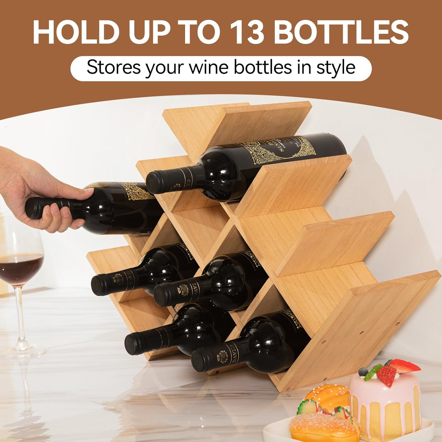 KIRIGEN Wooden 13-Bottle Wine Rack - Nature Wood 4-Tier Wine Display Rack/Free Standing and Countertop Storage Shelf - Bottle Holder/Cabinet Glass XHJJ4-NA image number 2