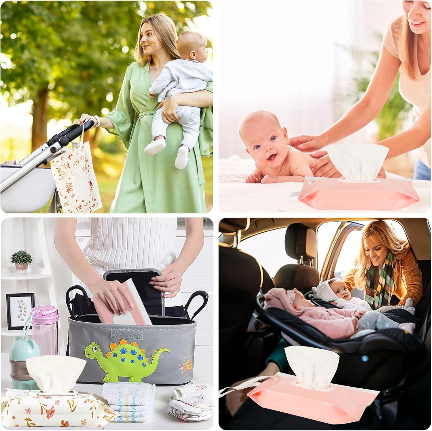 FEBSNOW 2 Pack Baby Wipes Dispenser Holder, Portable Refillable Baby Wet Wipes Pouch Container Reusable Travel Case for Outdoor Hiking, Pink Flower - Beige image number 7