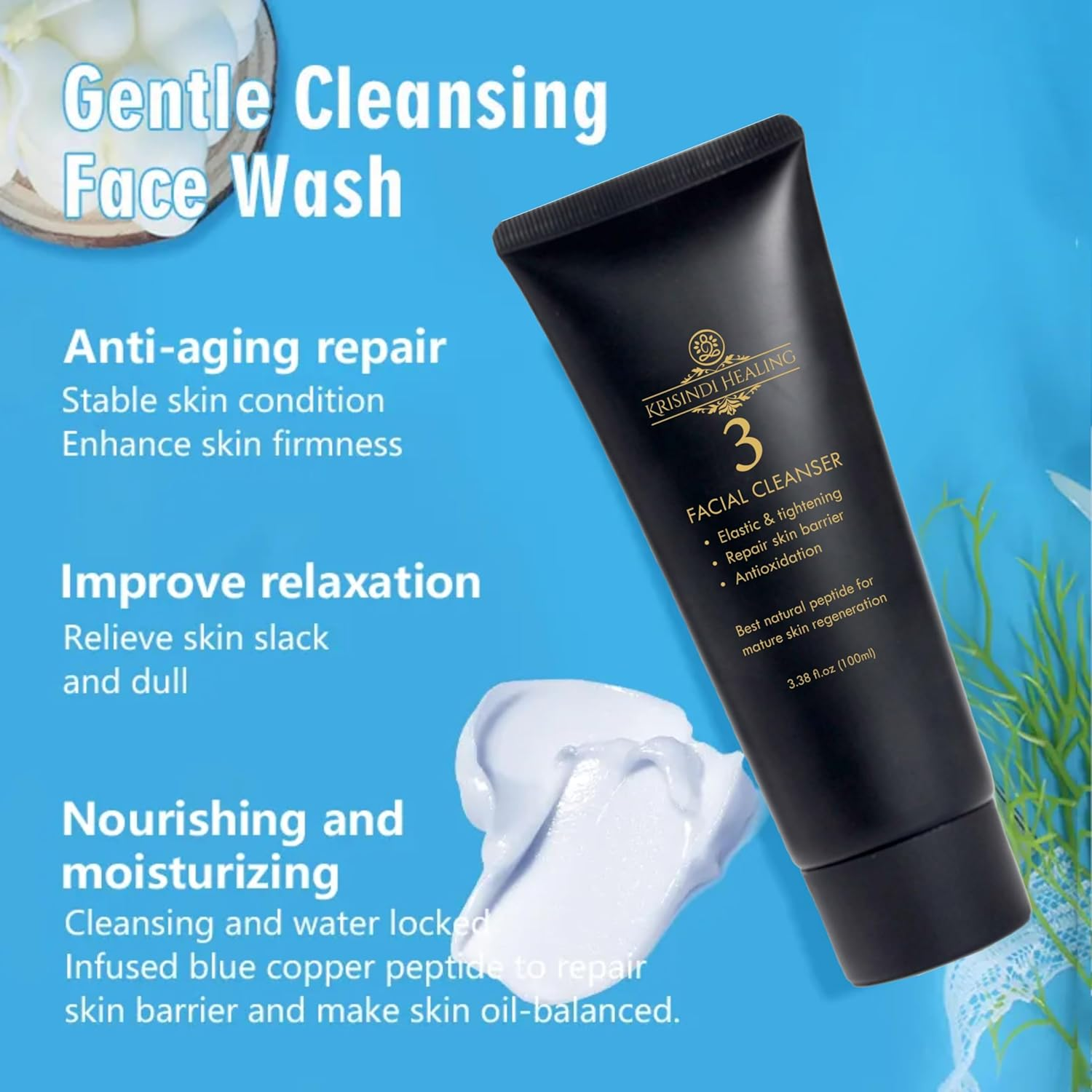 3 Facial Cleanser by Krisindi Healing, 100Ml Cream Cleanser for Mature Skin Ghk-Cu Peptide Niacinamide Amino Acids Gentle Daily Cleanser for Radiant Balanced Skin Gently image number 2