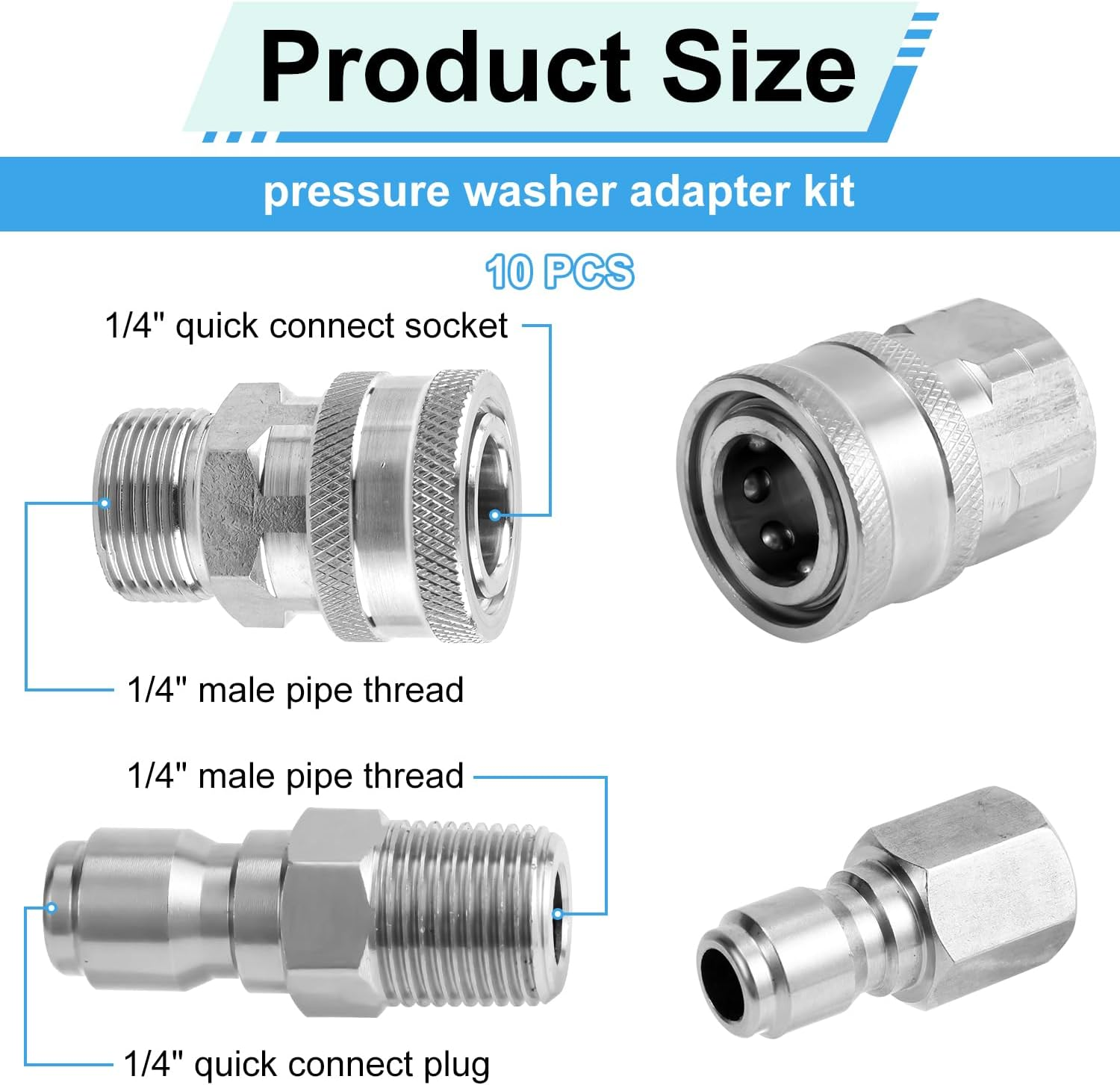 10Pcs Pressure Washer Fast Connect, 1/4In Pressure Washer Adapter Set Male & Female Thread Pressure Washer Fittings Stainless Steel Power Washer Accessories for Garden Hoses Pumps (Silver) image number 2