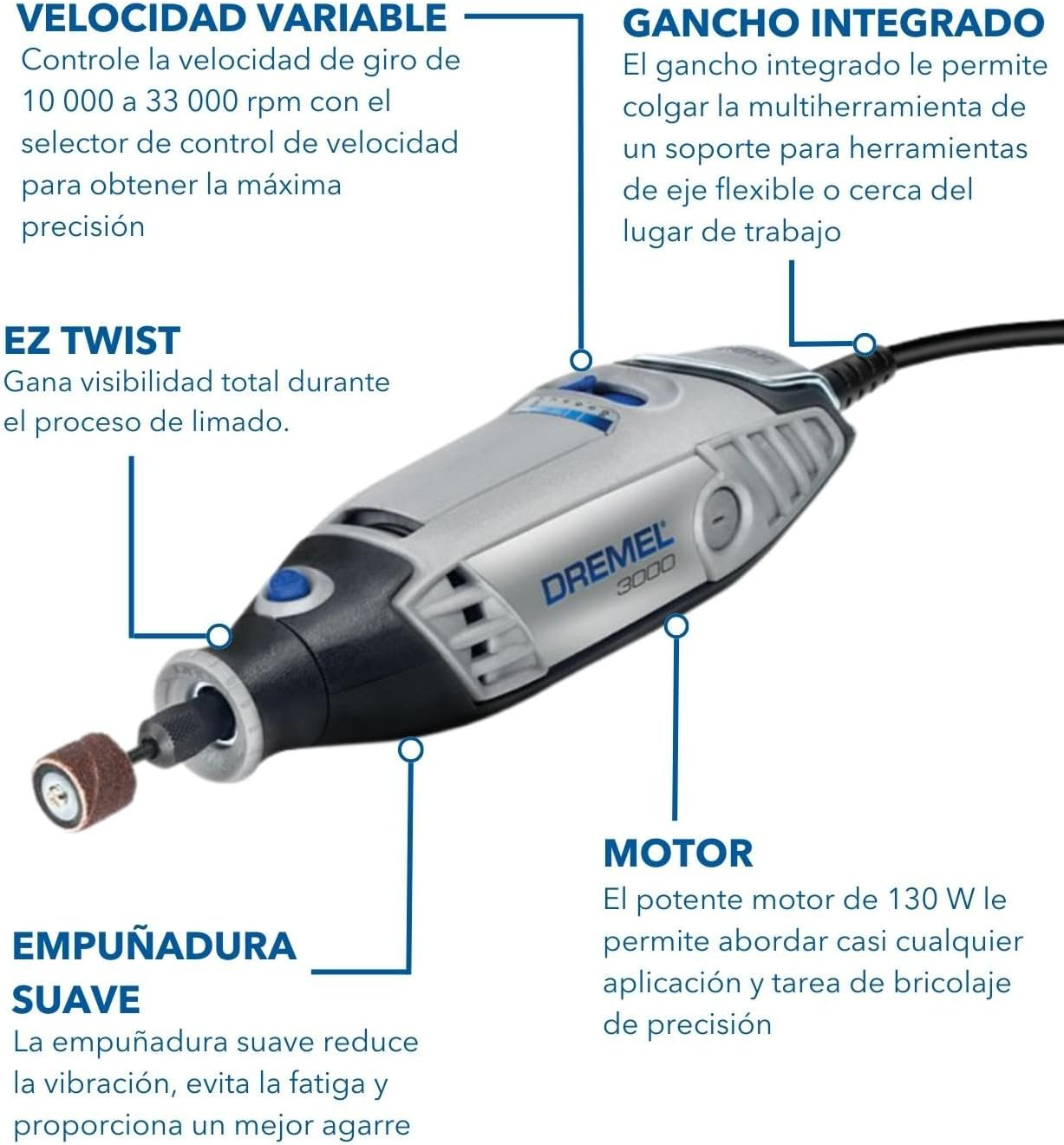 Dremel 3000 Multifunctional Tool 130 W, Set of 15 Accessories, Variable Speed 10,000-33,000 Rpm for Cutting, Grinding, Engraving, Polishing, Sharpening, Cleaning, Carving image number 5