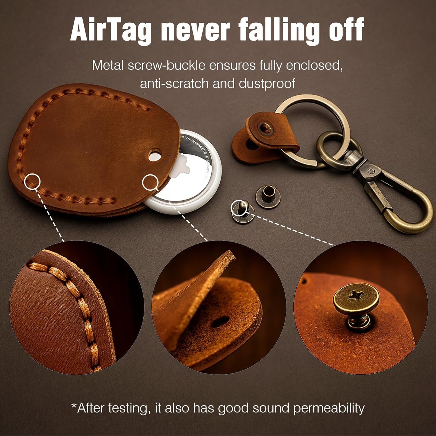 Leather Airtag Holder with Keychain, Portable Handmade Genuine Leather Air Tag Holder with Keyring Full Coverage image number 6