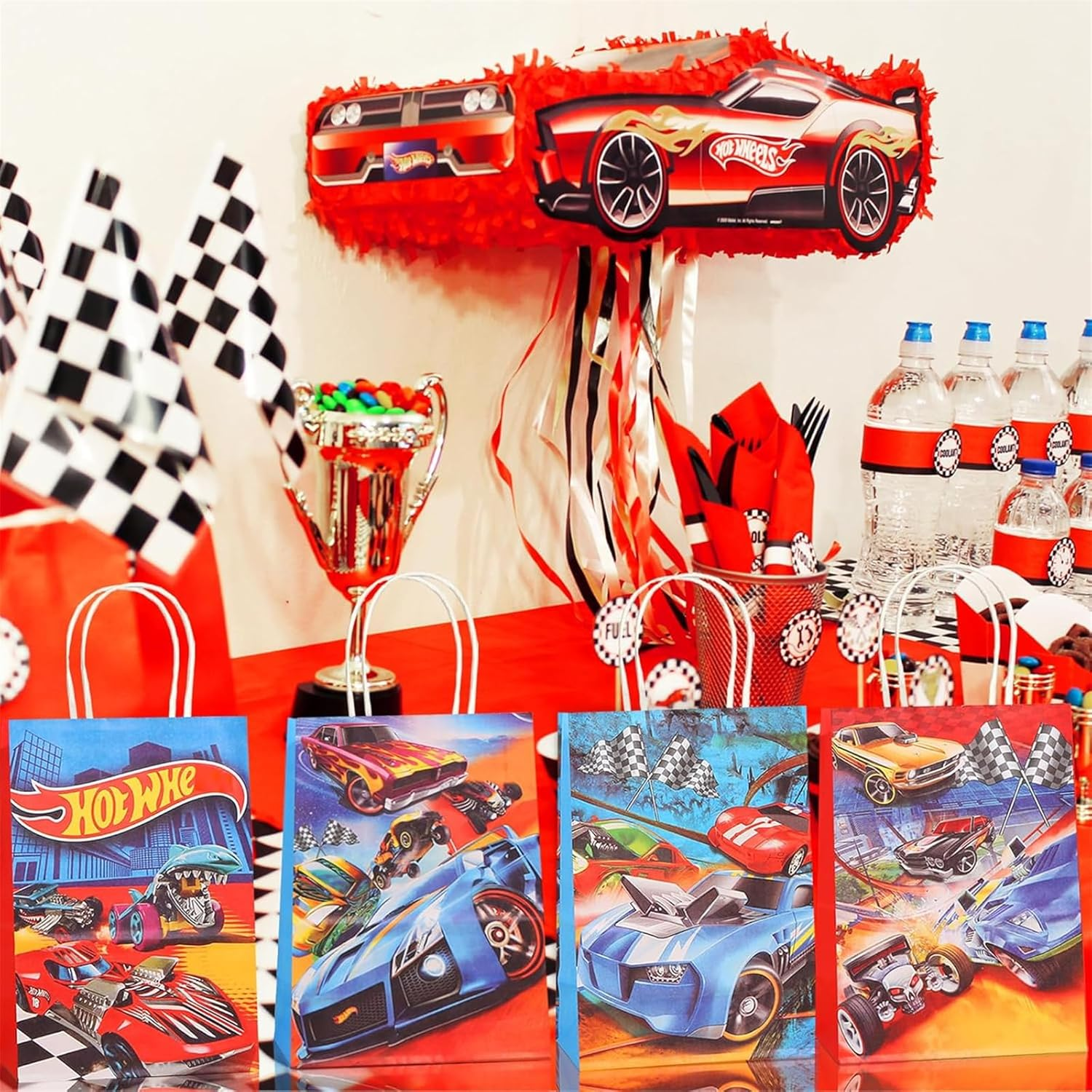 16 PCS Racing Car Party Favor Bags with Handles, Hot Car Party Treat Bags Cake Candy Snack Goodie Gift Paper Bags for Kids Boy Girl Birthday Party Baby Shower Decoration Supplies