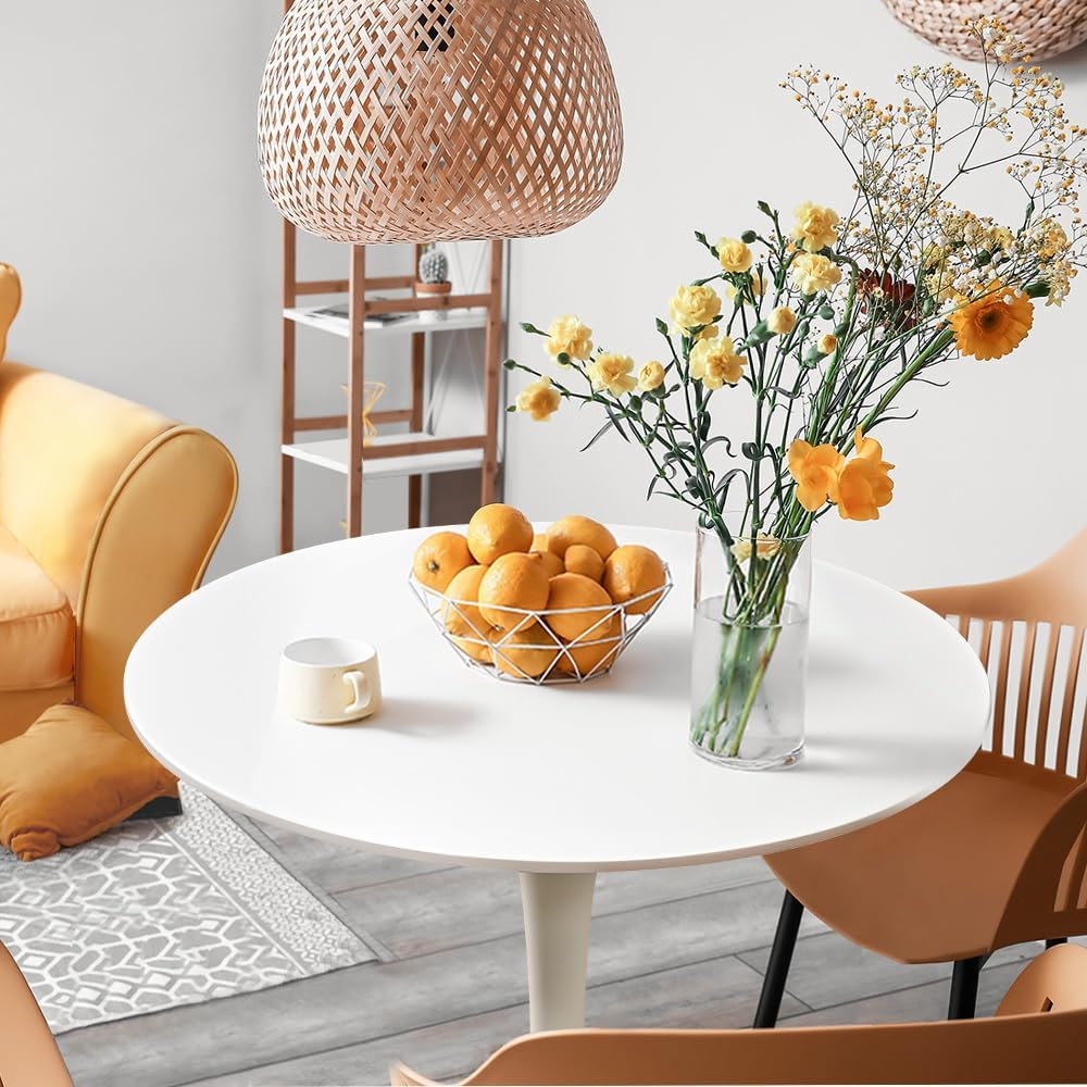 Furb 70Cm round Dining Table for 2, Outdoor Small White Tulip Patio Coffee Table, Wooden Tabletop and Steel Leg