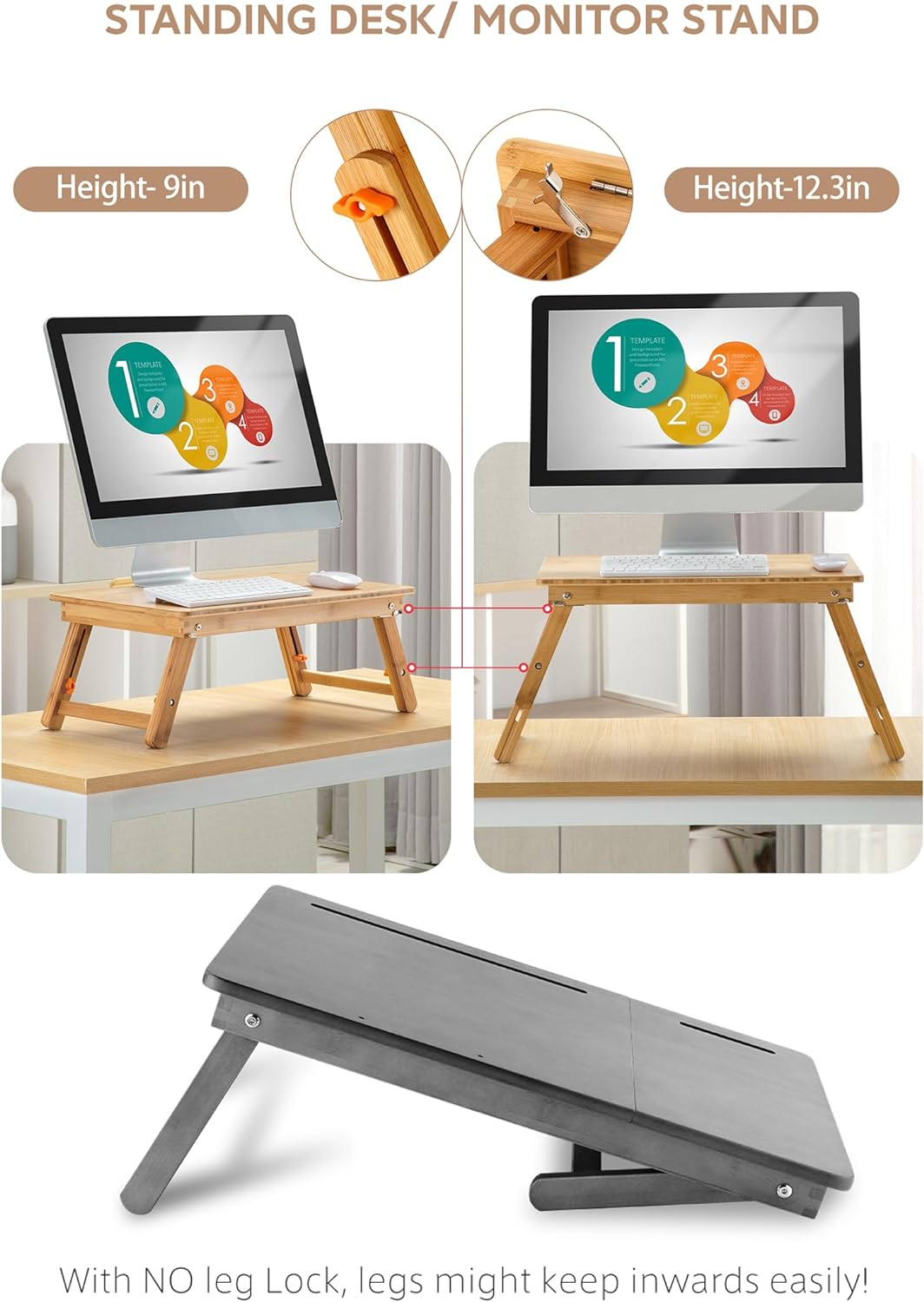 Laptop Desk Nnewvante Table Adjustable 100% Bamboo Foldable Breakfast Serving Bed Tray W' Tilting Top Drawer image number 4