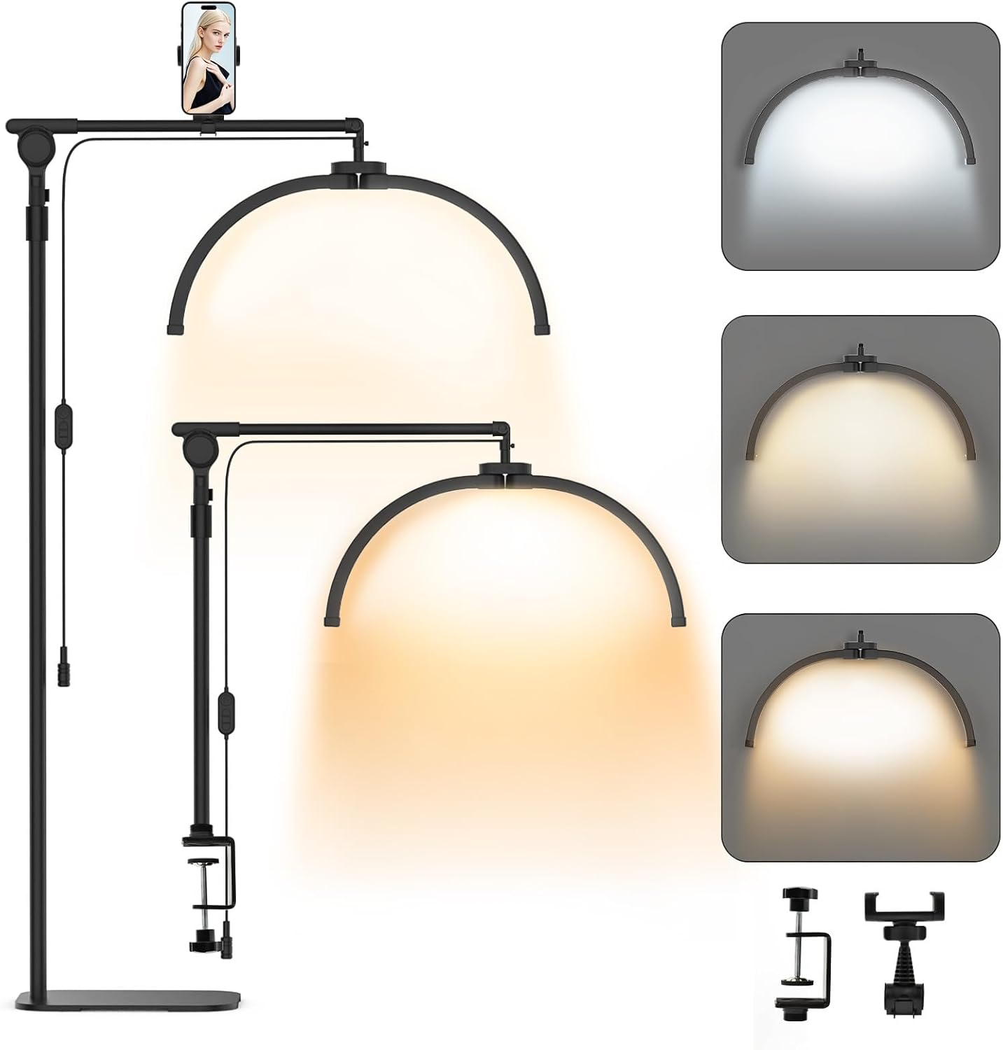 Advwin Lash Light, Half Moon Floor Fill Lamp 2-In-1 Led Desk Lamp with Phone Holder, Rotatable Standing Floor Estheticians Light for Tattoo Salon Eyelash image number 4