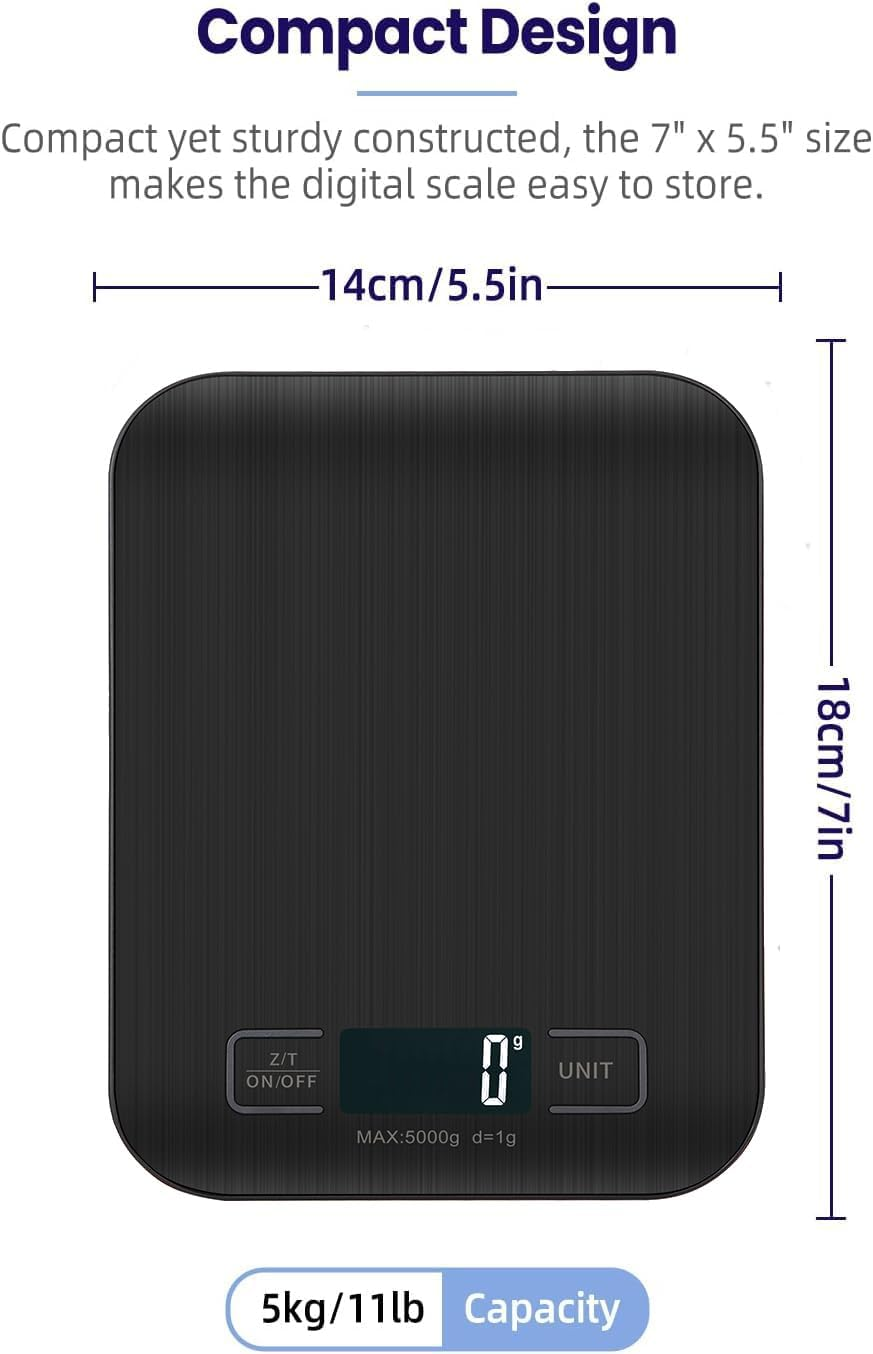 Kitchen Scale, 5 Kg Electronic Cooking Scale with Battery, Stylish Ultra-Thin Food Scale, 5 Units with Tare Function, Touch Buttons, Backlit LCD Display(Black).