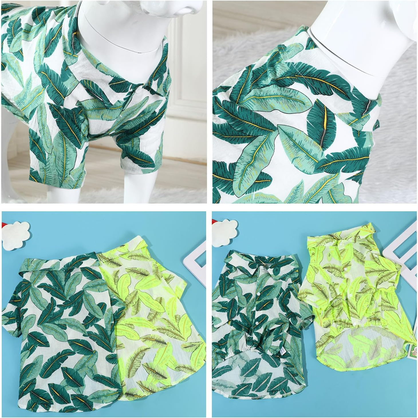 Dog Shirt Hawaiian Style Summer Pet Clothes Cool Breathable Costume Beach T Shirt for Medium Large Dogs 4XL (Green Leaves)