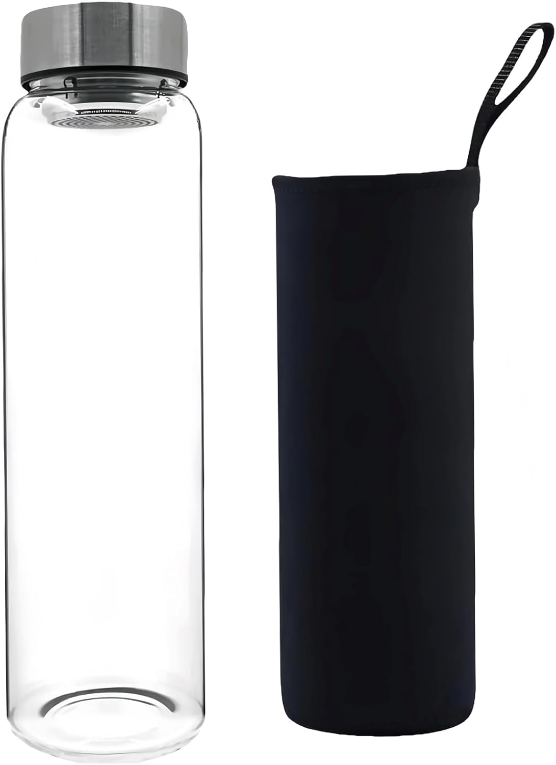 HENGFEI Glass Water Bottle 1L with Steel Lid，Clear Borosilicate Glass Drink Bottle with Infuser and Travel Sleeve.