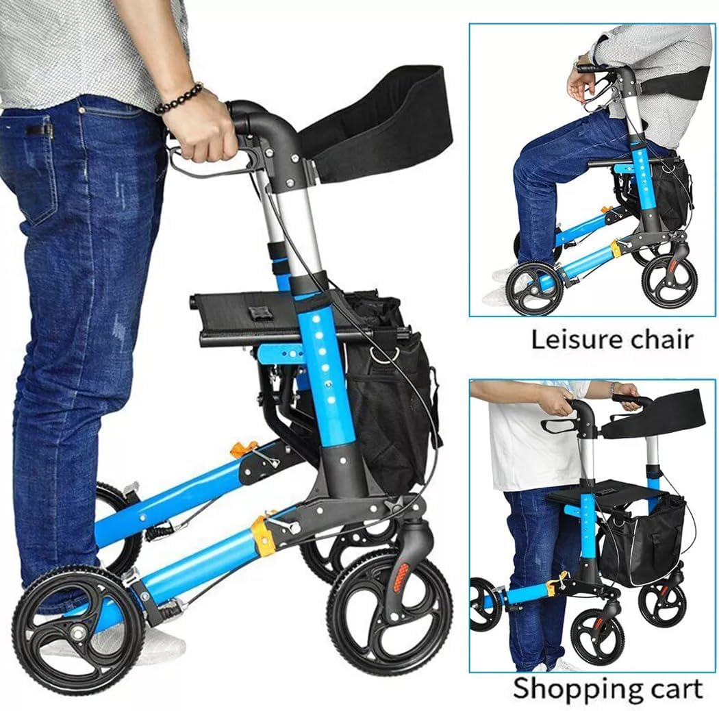 Aluminium Rollator Mobility Walker 4 Wheel Foldable Mobility Walker Mobility Aid with Storage Bag Adjustable Backrest Handles, 120Kg Capacity, Blue (Upgraded Blue) image number 4