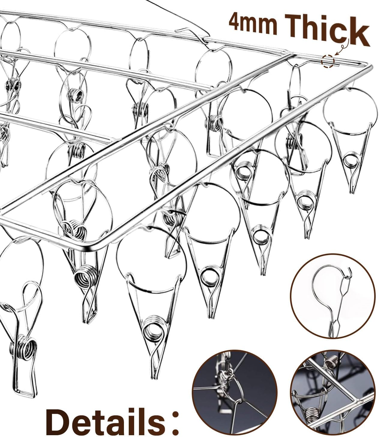 Stainless Steel Clothes Drying Rack - 40 Pegs Folding Sock Dryer with Clips Windproof Hook for Sock, Drying Bras, Lingerie, Clothes, Towels, Scarves, Underwear Hanger for Washing Line Accessories image number 1