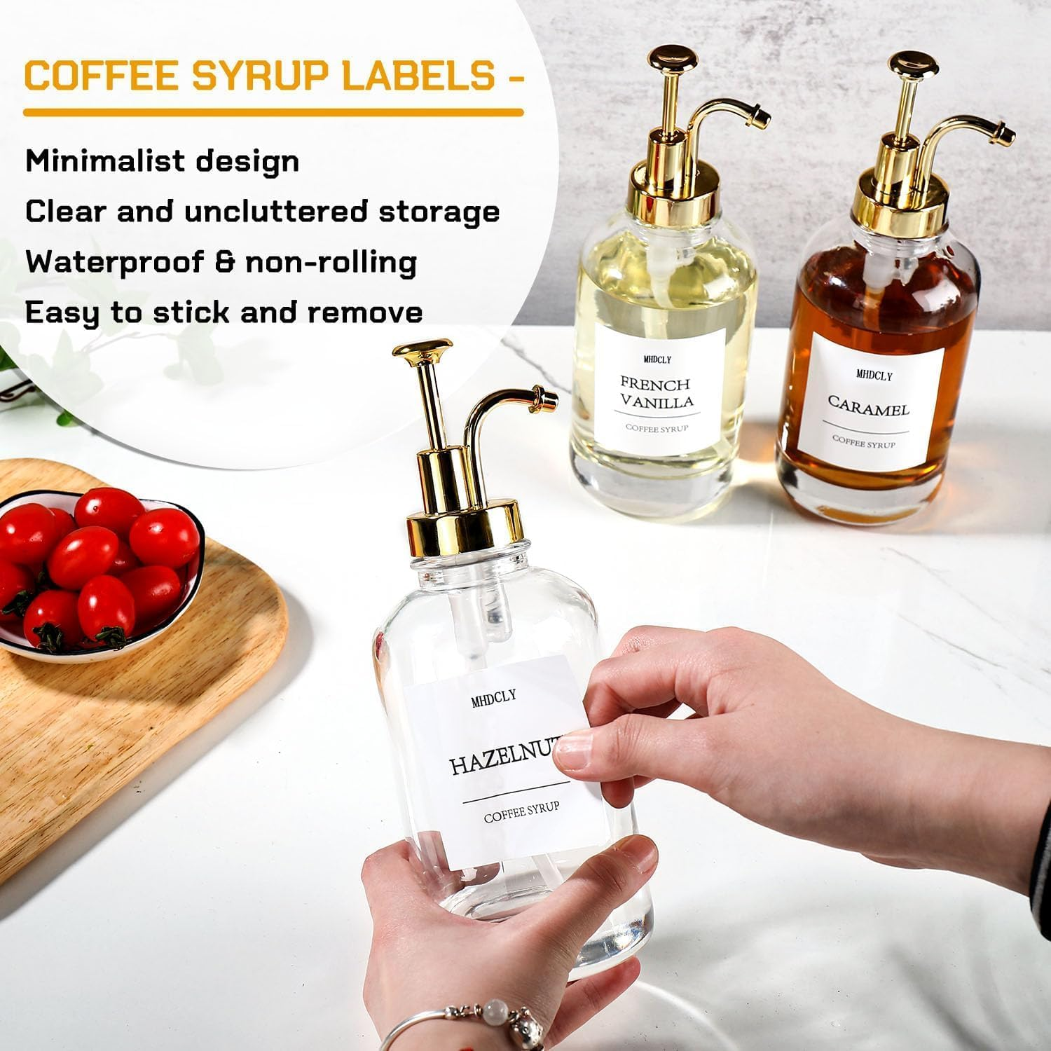 Coffee Bar Accessories,Mhdcly Coffee Syrup Dispenser - 4Pack,16.9Oz Syrup Dispenser with Labels,Syrup Pump Dispenser for Coffee Bar(Gold Pump) image number 5