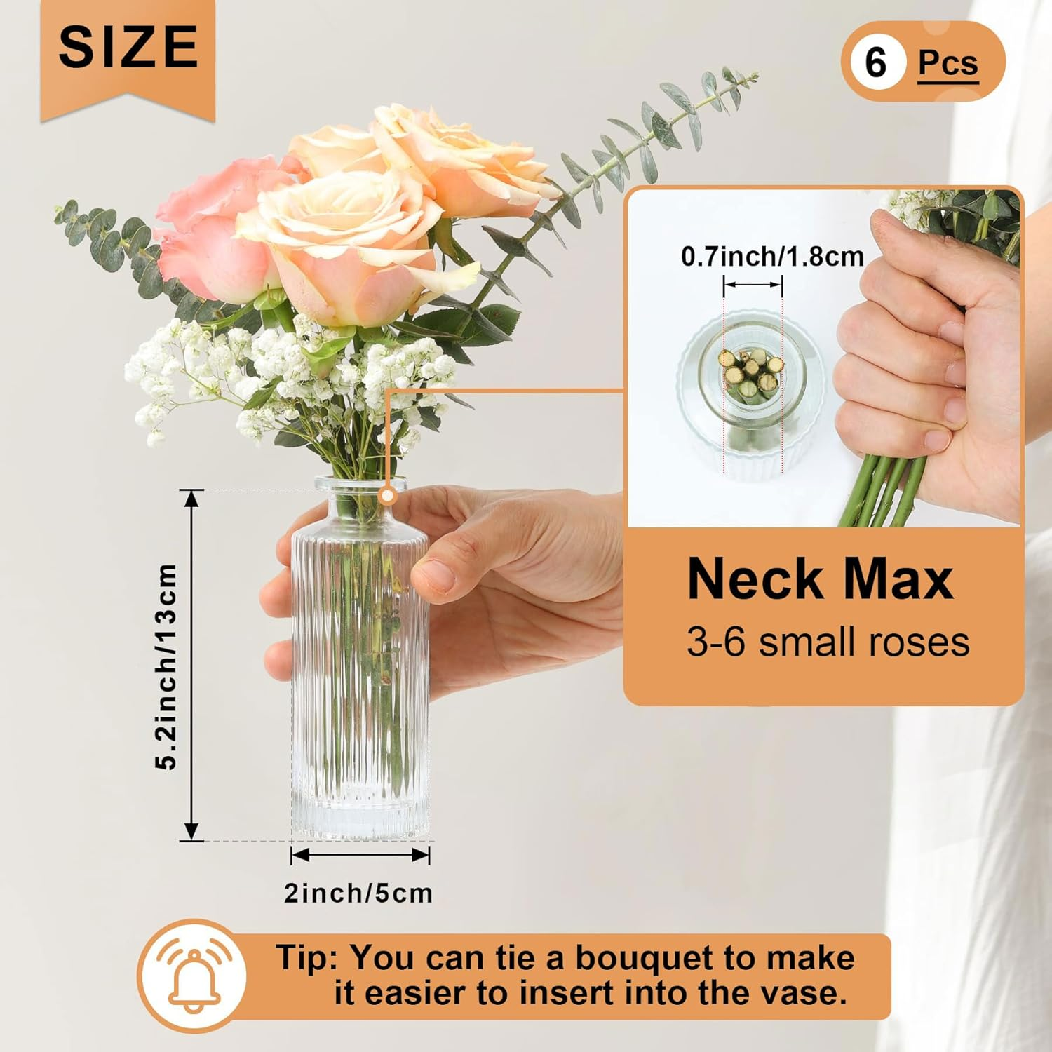 IGGUCEA Small Glass Bud Vases Set of 6,Vases for Flowers Mini Clear Glass Bud Vases in Bulk, Vases for Centerpiece, Ribbed Vases Set, Wedding Table Ceterpiece, Housewarming Gift (6, Clear) image number 6