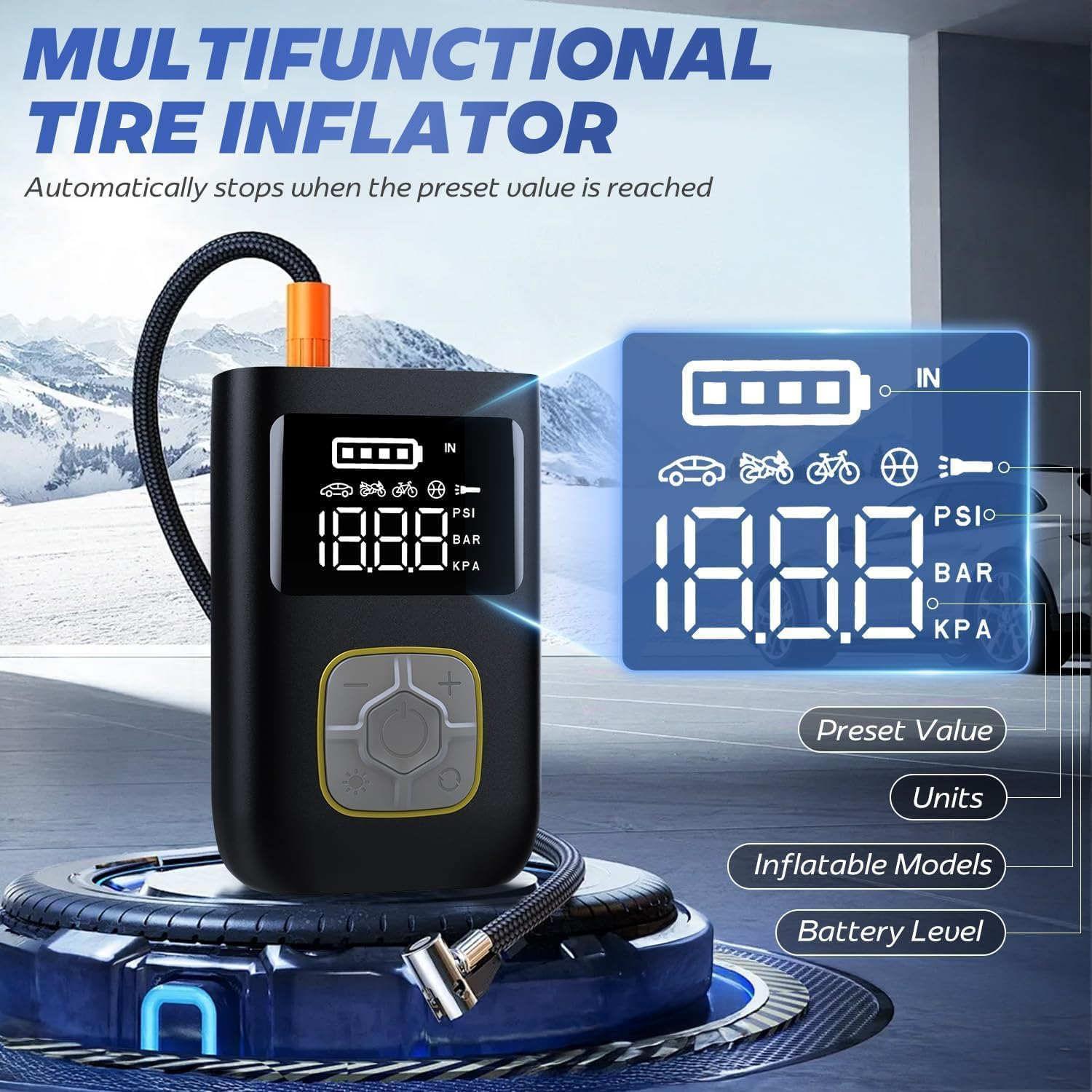 Cordless Tire Inflator Portable Air Compressor, 4000Mah 150PSI Portable Air Compressor Pump with LCD Display, LED Light & Tire Pressure Gauge for Car, Motorcycle, Bike, Ball image number 5