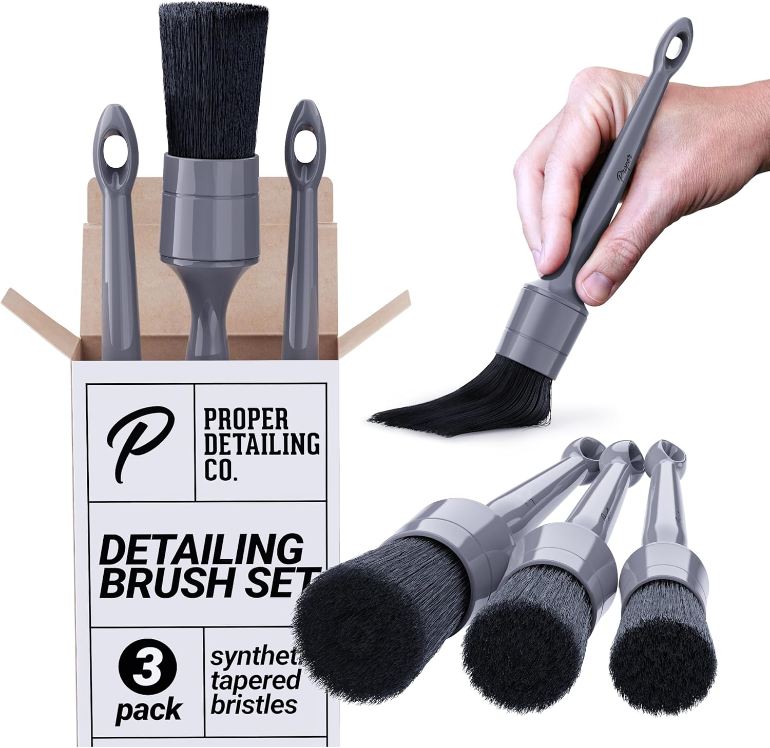 Proper Detailing CO. Car Detailing Brush Set, 3 Pack Natural Boars Hair Detailing Brushes, Clean Interior or Exterior, Wheels, Tires, Engine Bay, Leather Seats, Car Detailing Kit, Detailing Brush