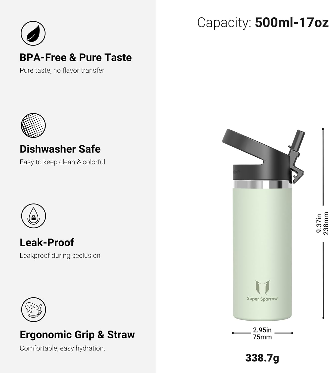 Super Sparrow Children'S Water Bottle, 500 Ml, Wide Opening Swivelsip Thermos Flask, Bpa-Free Thermos Flask, Ergonomic Drinking Bottles, Straw for Sports, Travel, School, Outdoor image number 5