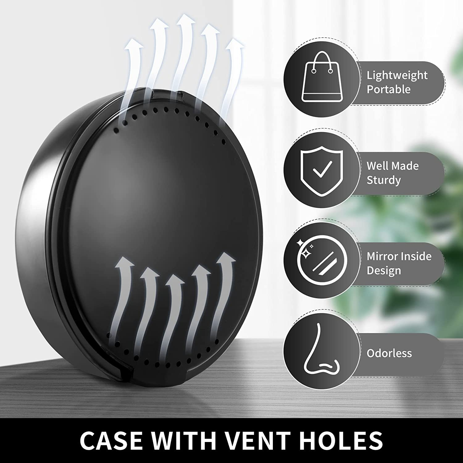 Orthodontic Retainer Case with Mirror, Mouthguard Case Small Retaniner Container Partial Denture Holder Case with Vent Holes for Night Guards, Aligner Trays - Black image number 4