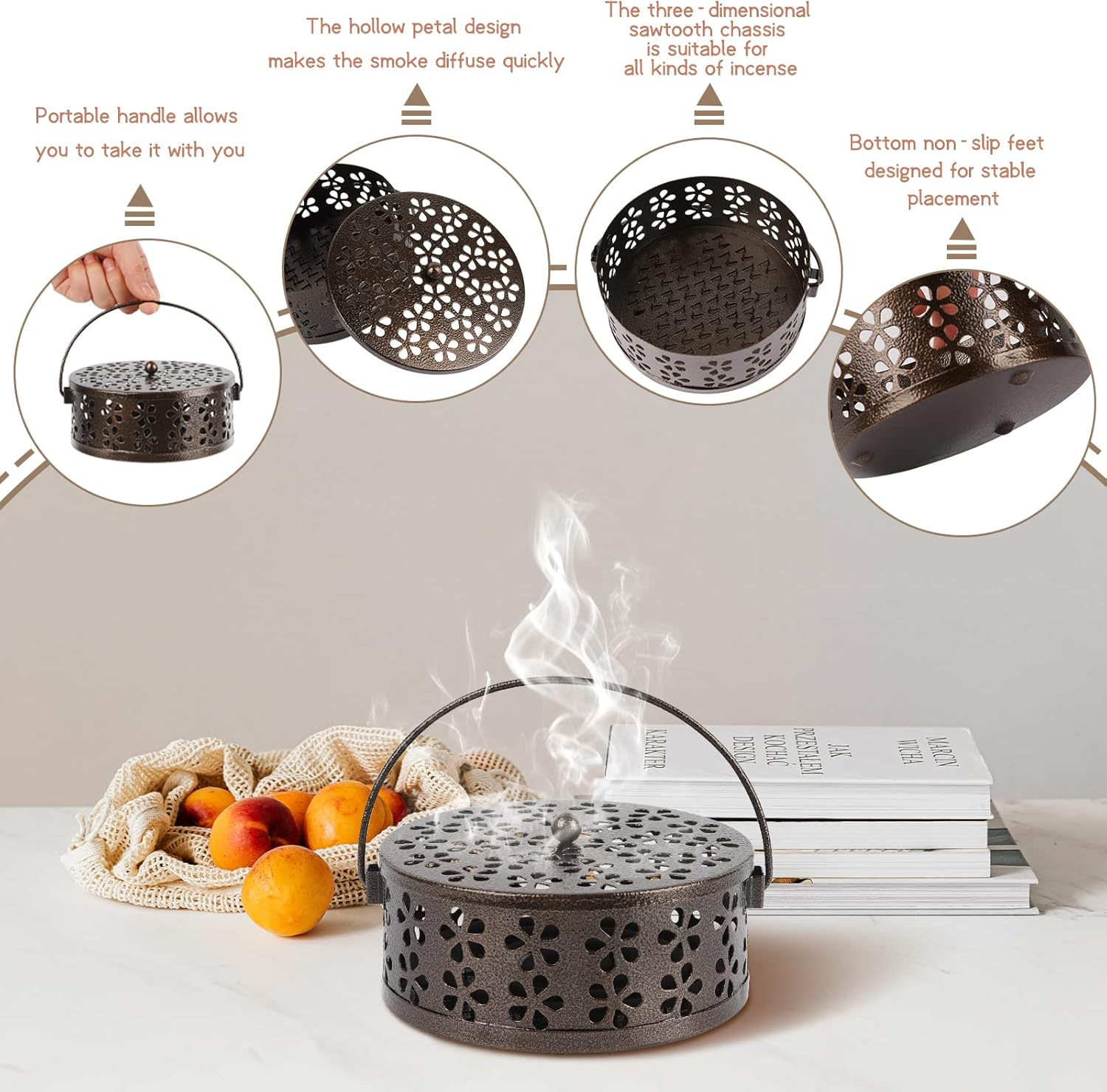 Retyion Retro Portable Iron Mosquito Coil Holder with Handle round Fireproof Incense Holder for Home Office Camping (Bronze) image number 1