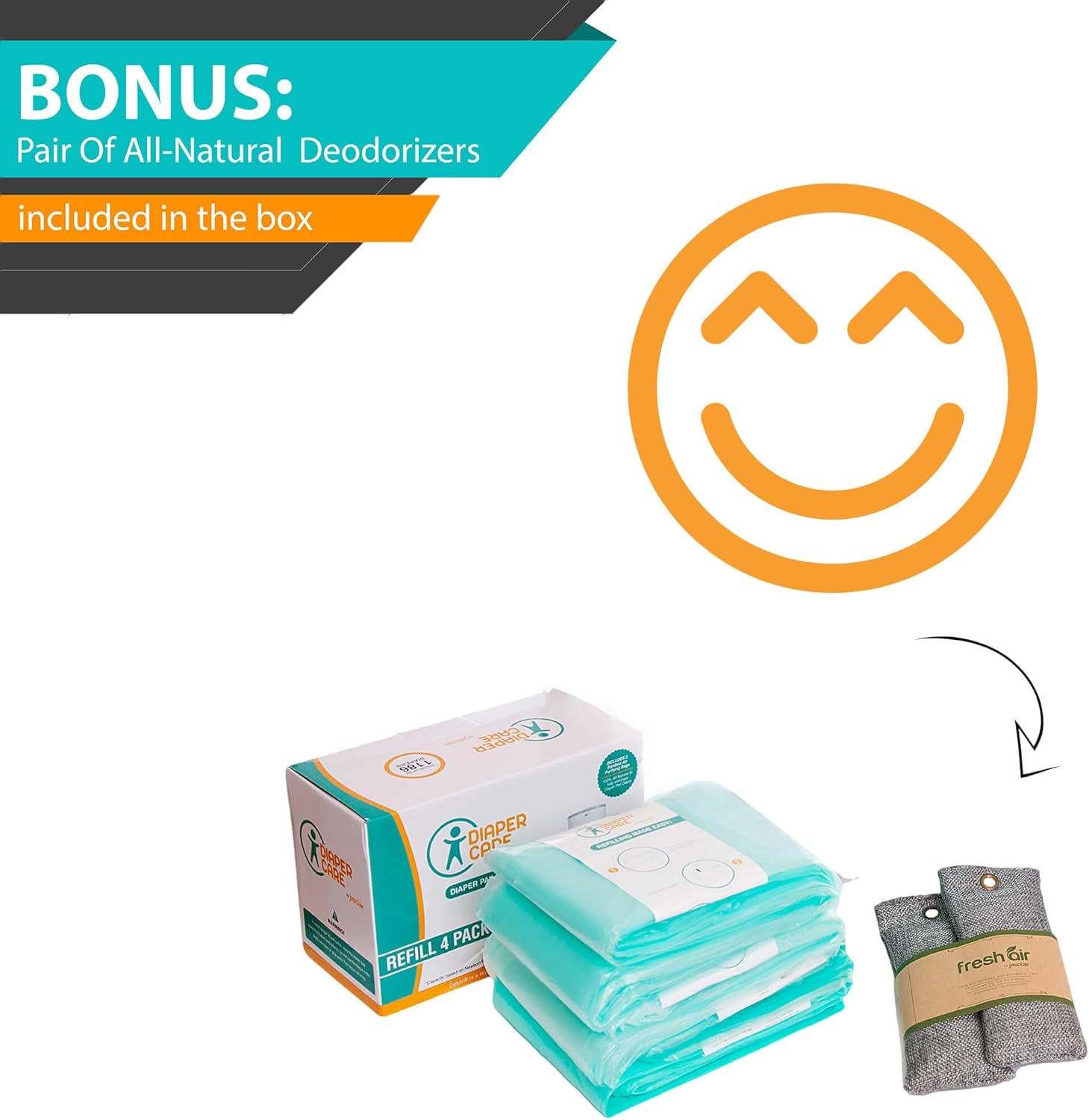 4 Pack Refill - Fits Dekor plus Diaper Pails - Disposable Liners Hold up to 2372 Diapers + Bonus Bamboo Charcoal Odor Smell Eliminator Bags Keeps Nursery Air Fresh for Newborn Babies Infants Toddlers