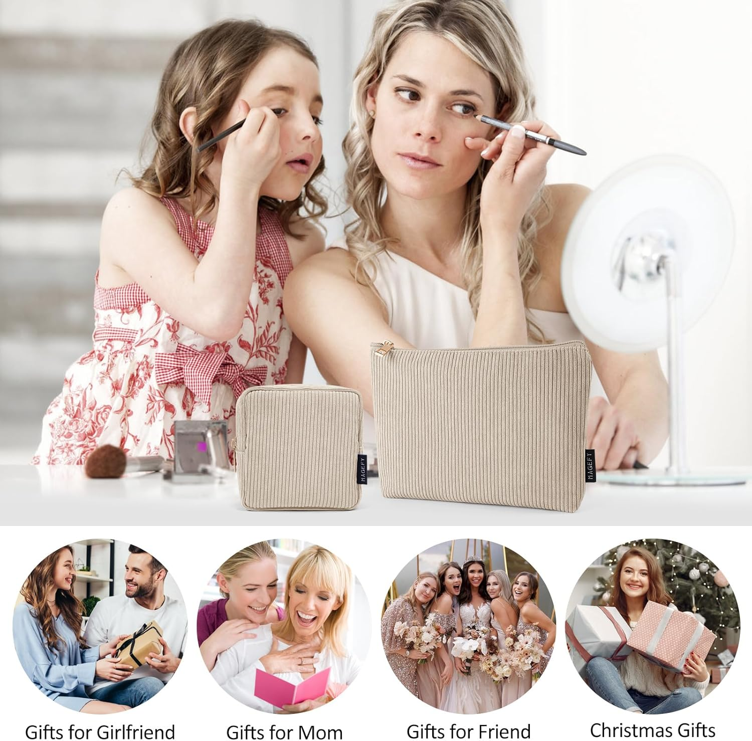 MAGEFY 2 Pcs Makeup Bag Small Makeup Bag for Purse Corduroy Makeup Pouch for Girls Cosmetic Bag for Women(Beige) - Beige image number 2