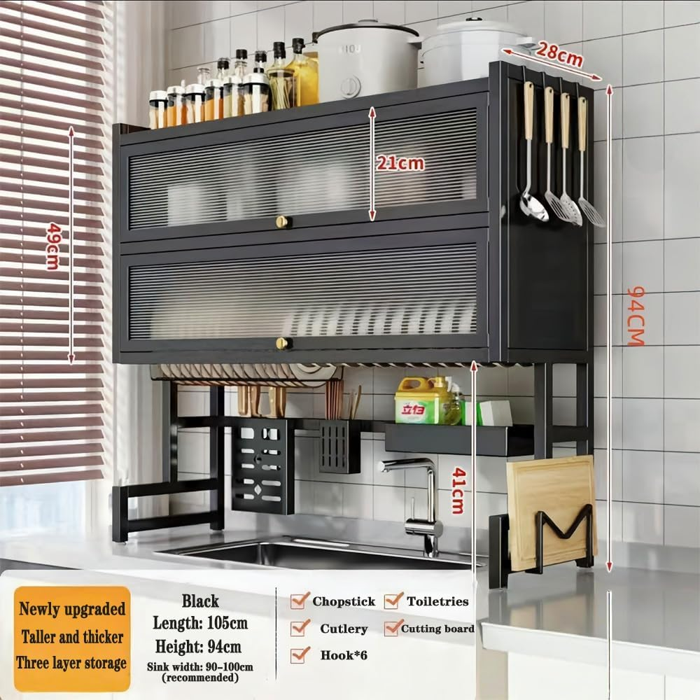3-Tier Kitchen Drain Racks Dish Drying Fits over Sink. Saves Kitchen Space, Multi-Functional Dustproof Storage. Suitable for 50-100Cm Sinks. Includes 6 Hooks, Utensil Holder & Cutting Board Rack. image number 4