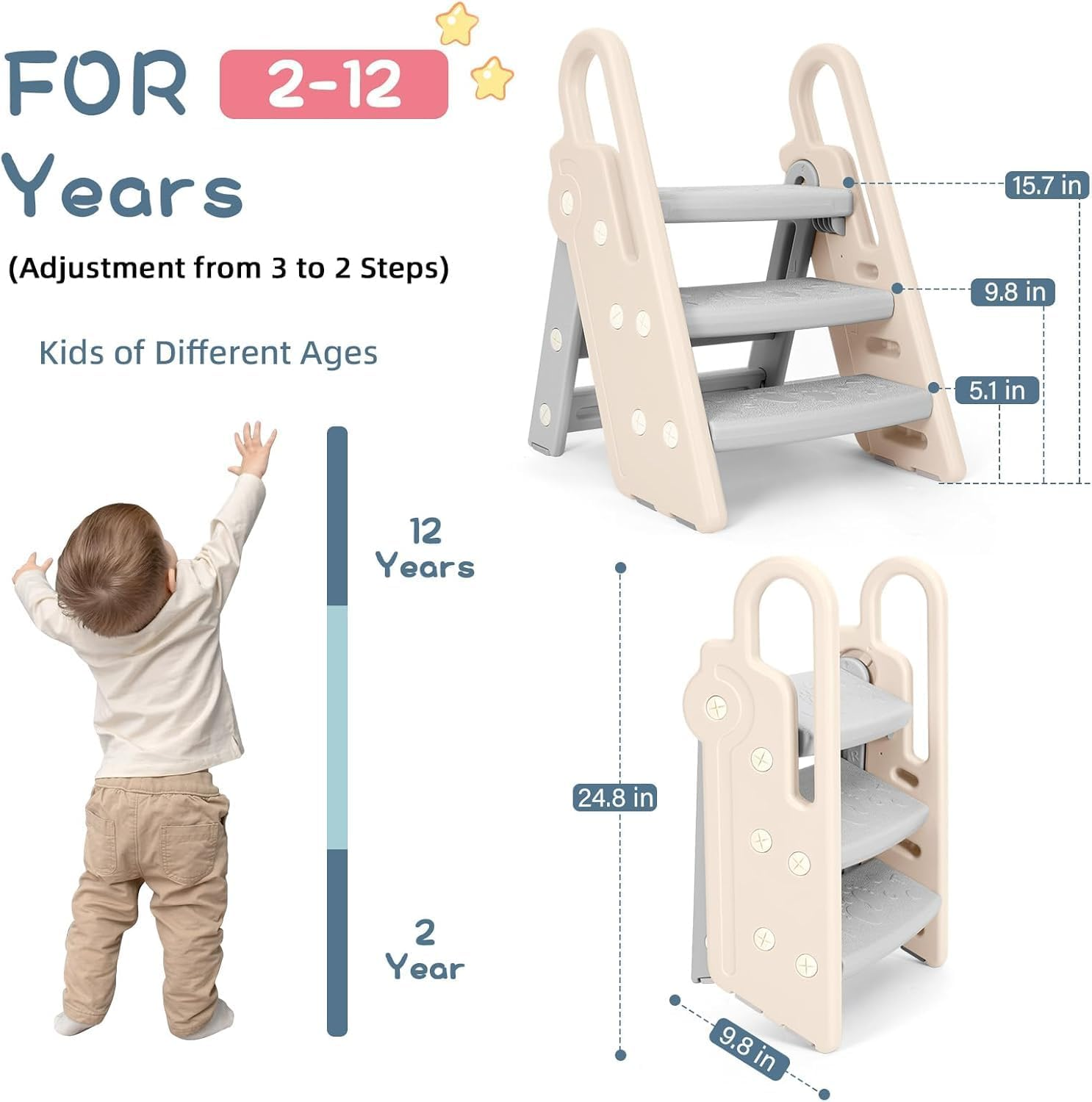 Foldable Step Stool for Bathroom Sink, Adjustable Kids 3 Step Stool for Toilet Potty Training Toddler Tower with Handles, Baby Child Kitchen Counter Stool Helper image number 4