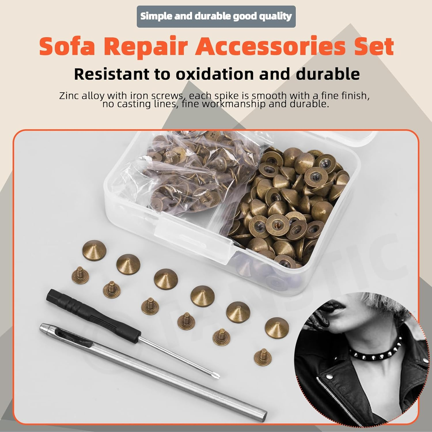 Tanstic 100 Sets(202Pcs) Bronze Cone Spikes and Studs Kit, 10 X 4.7Mm Metal Spikes and Studs Bullet Cone Spikes Studs Screw Back Punk Studs with Installation Tools for Leather Craft