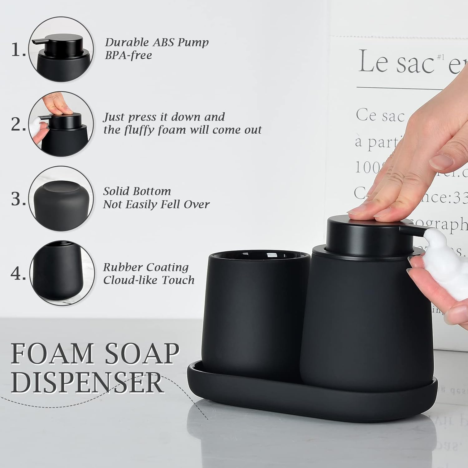 Umlaca Black Bathroom Accessories Set 3 Pcs - Ceramic Foaming Bathroom Soap Dispenser Set Farmhouse Black Bathroom Decor, Soap Dispenser and Toothbrush Holder/Tumbler Cup, Tray - Black image number 6