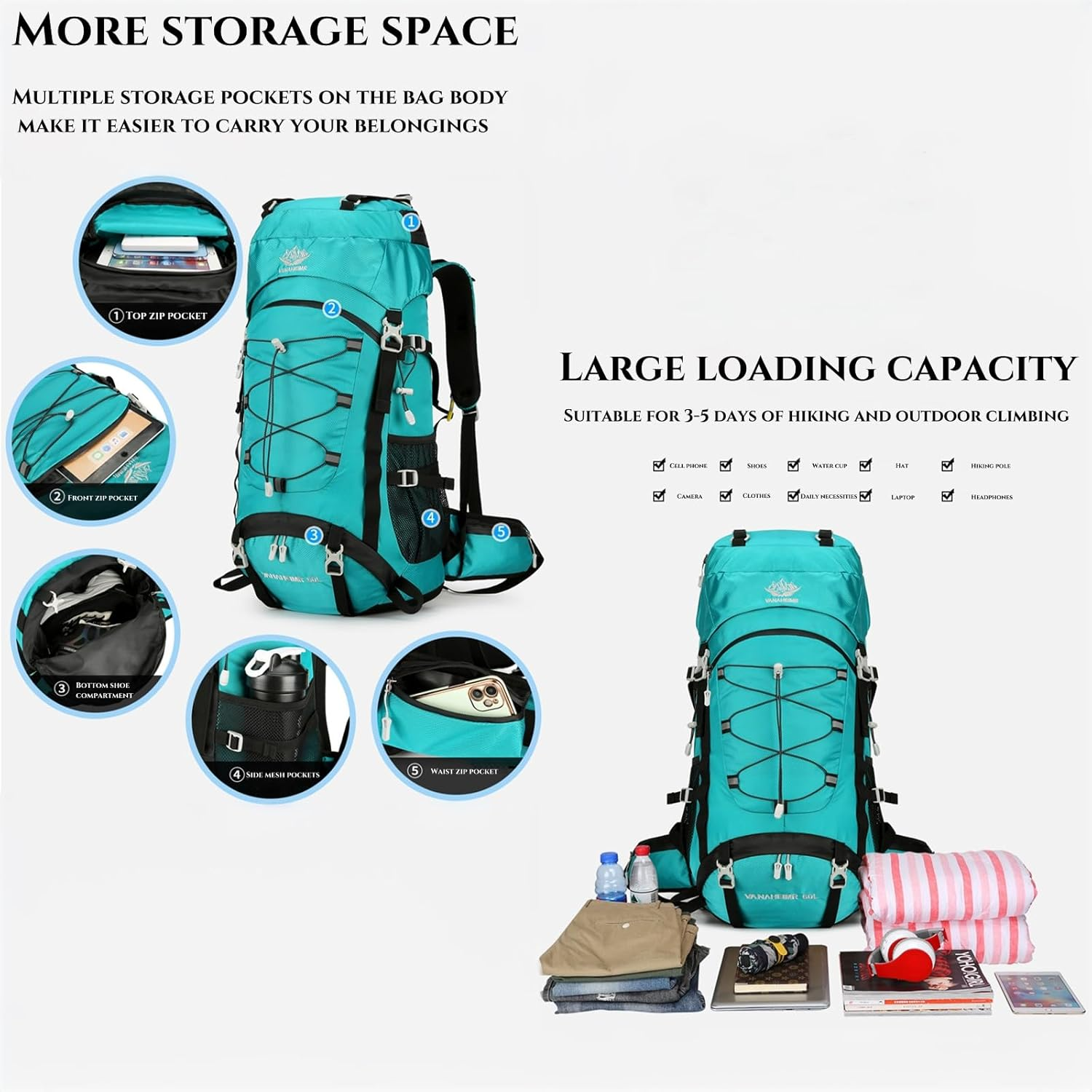 Xcjump 60L Hiking Backpack Water Resistant Outdoor Sports Travel Daypack Bag Lightweight Bag with Rain Coverfor Women Men Mountaineering Camping Tourism image number 6