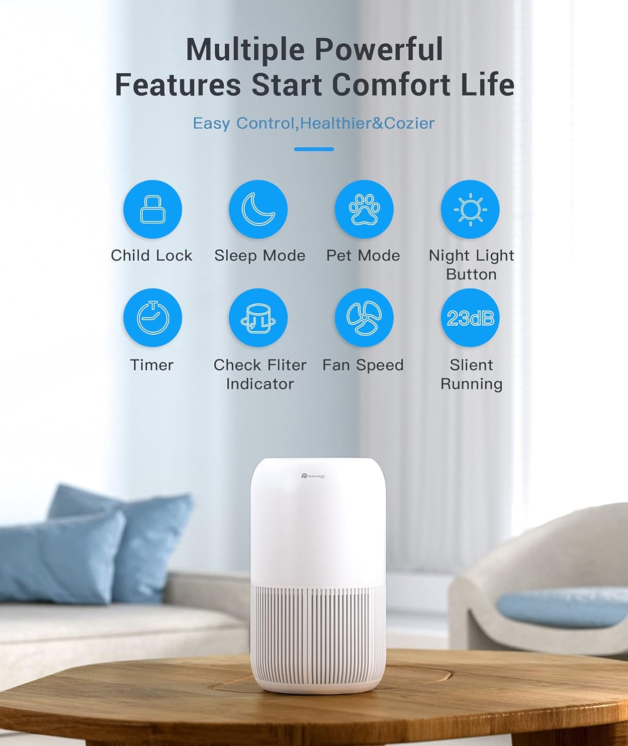 Dreamegg HEPA Air Purifier - Air Purifiers for Bedroom Allergies and Pets, 4-In-1 True HEPA & Activated Carbon Filter, Quiet 360&deg; Air Intake Cleaner with Pet Mode Night Light for Home Smoker Office image number 1