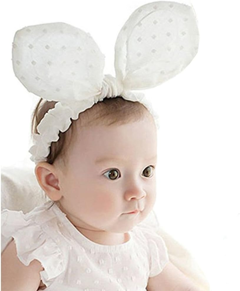 RQJ Baby Girls Headband Rabbit Bow Cute Bunny Ear Elastic Minnie Mouse Headwrap Infant Headwear Turabn Hair Band Halo (White)