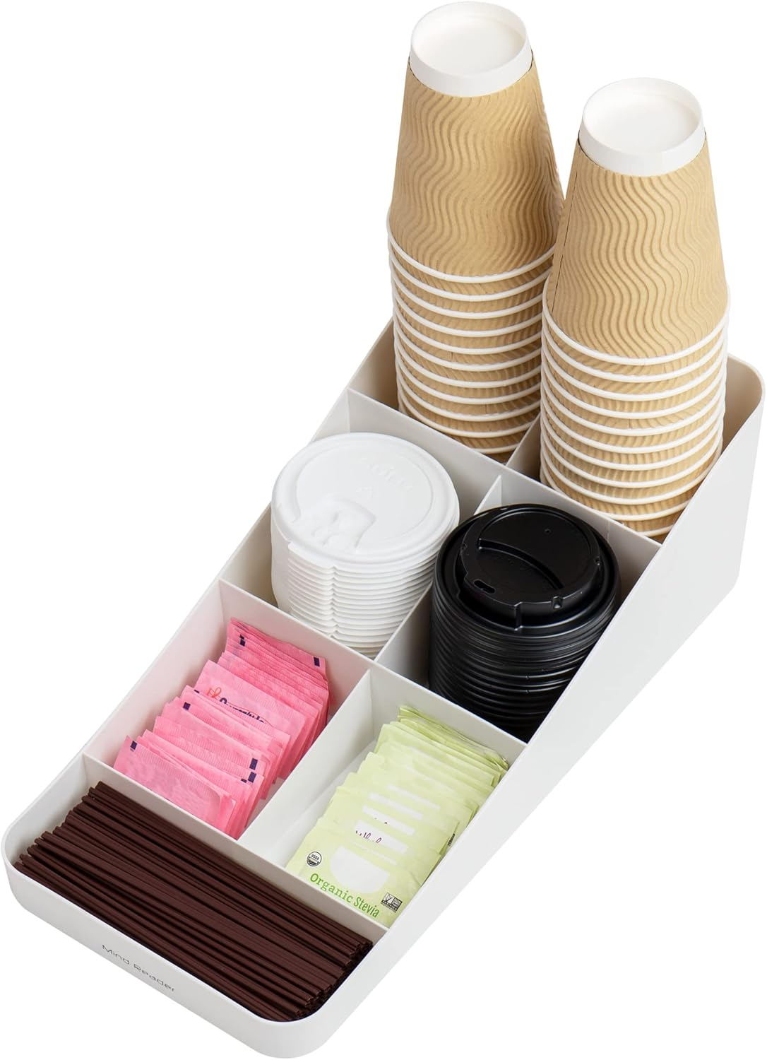 Mind Reader 7 Compartment Coffee Condiment, Cups, Lids, Sugars, Stirrers,Storage Organizer, White image number 2