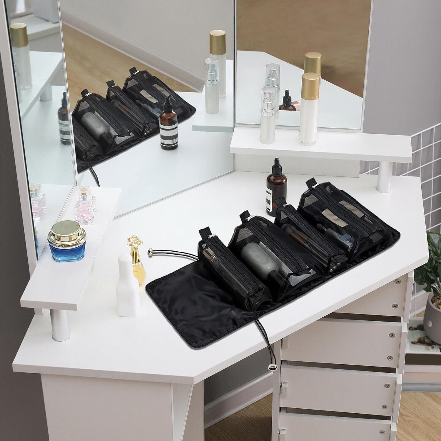 Roll up Cosmetic Bag - 53X22X5Cm Black Compact Travel Organizer Case, Cosmetic Storage, Foldable Toiletry Pouch, Portable Vanity Kit | Make up for Women Travel Holiday Use Quo, Black, Se R&eacute;f&eacute;rer Au - Black image number 4