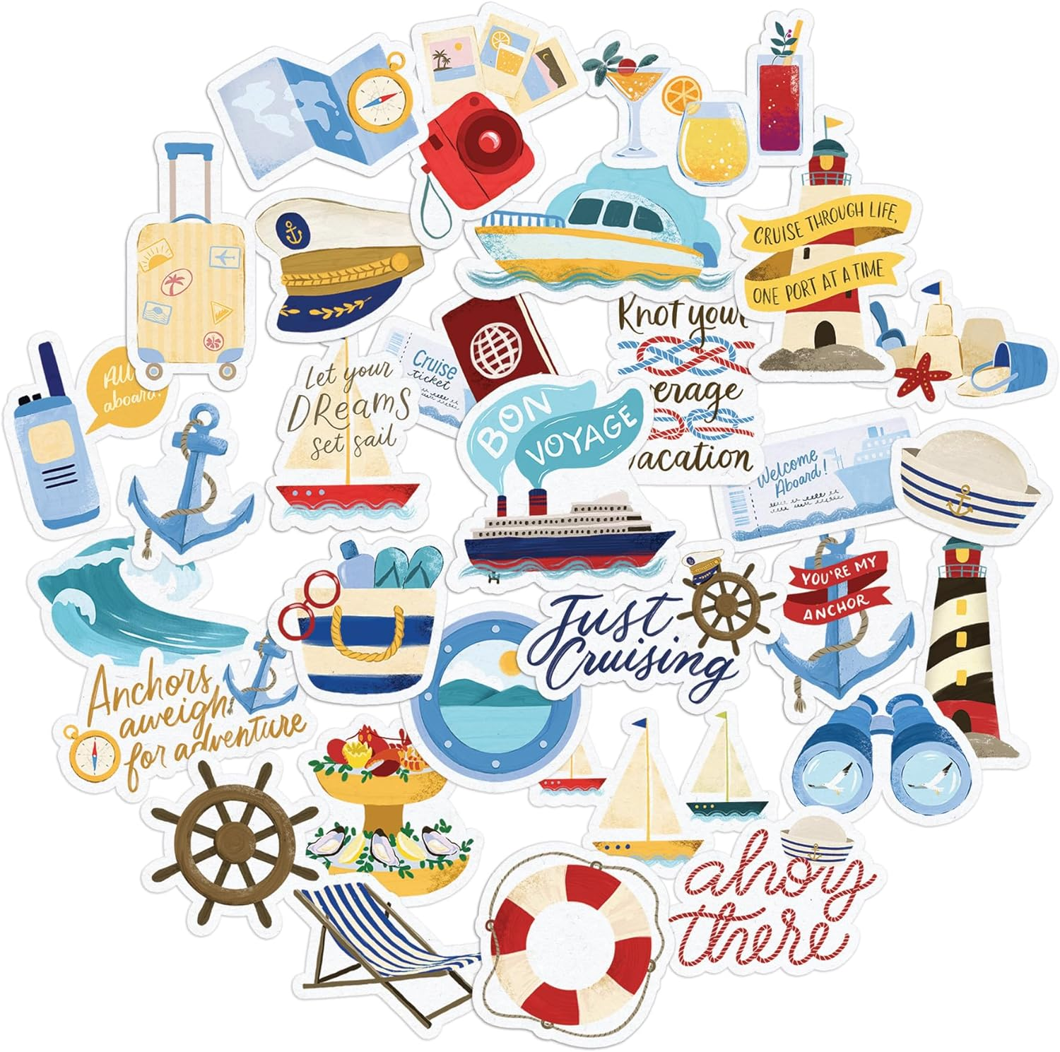 Navy Peony Relaxing Cruise Travel Stickers (30Pcs) - Watercolor, Waterproof Cruise Ship Decals for Journals, Scrapbooks, Water Bottle, Suitcase image number 3