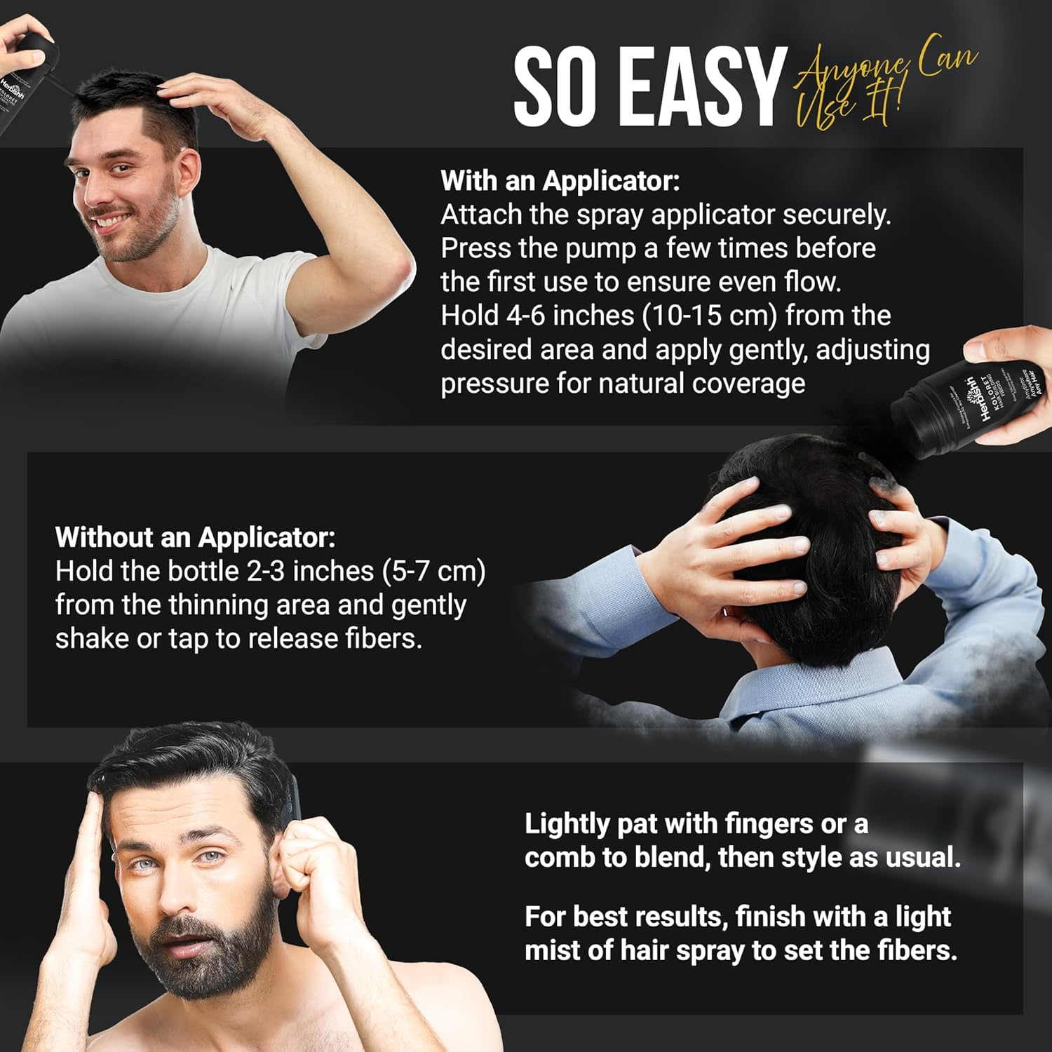 Herbishh Koloret Hair Building Fibers &ndash; Black Powder for Thinning Hair, Instant Bald Spot Cover up & Scalp Concealer &ndash; Sweat-Proof & Water-Resistant Hair Thickening Fibers for Men & Women, 12G image number 6