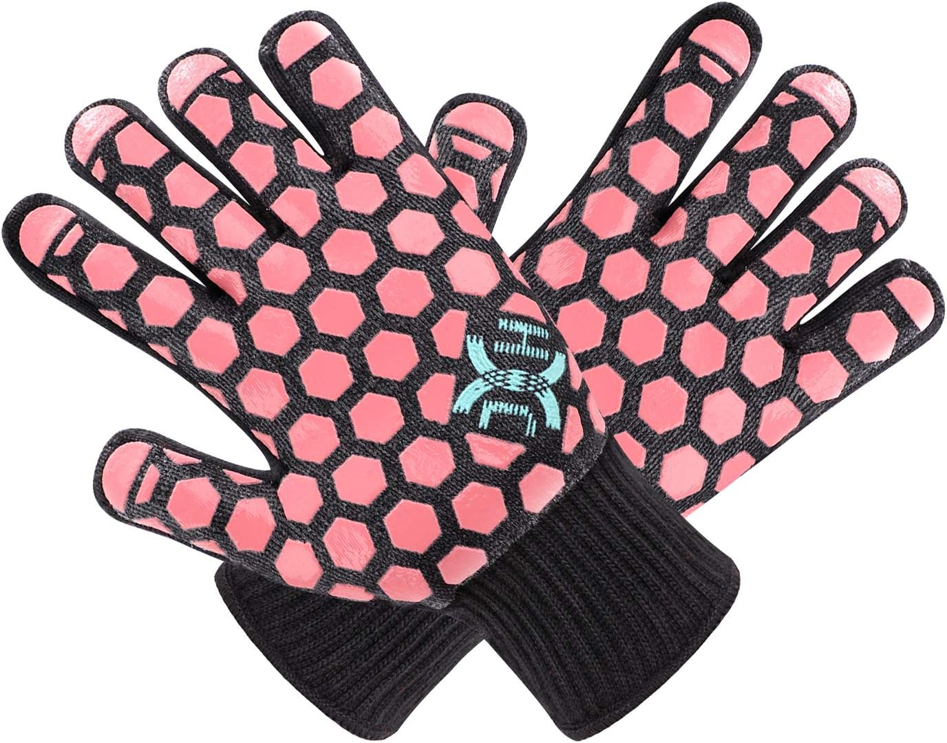 J H Heat Resistant Oven Mitts: EN407 Certified 932 &deg;F, 2 Layers Silicone Coating, BBQ & Oven Gloves for Cooking, Kitchen, Fireplace, Grilling (Women Fits All, Coral Shell with Turquoise/Pink Coating)