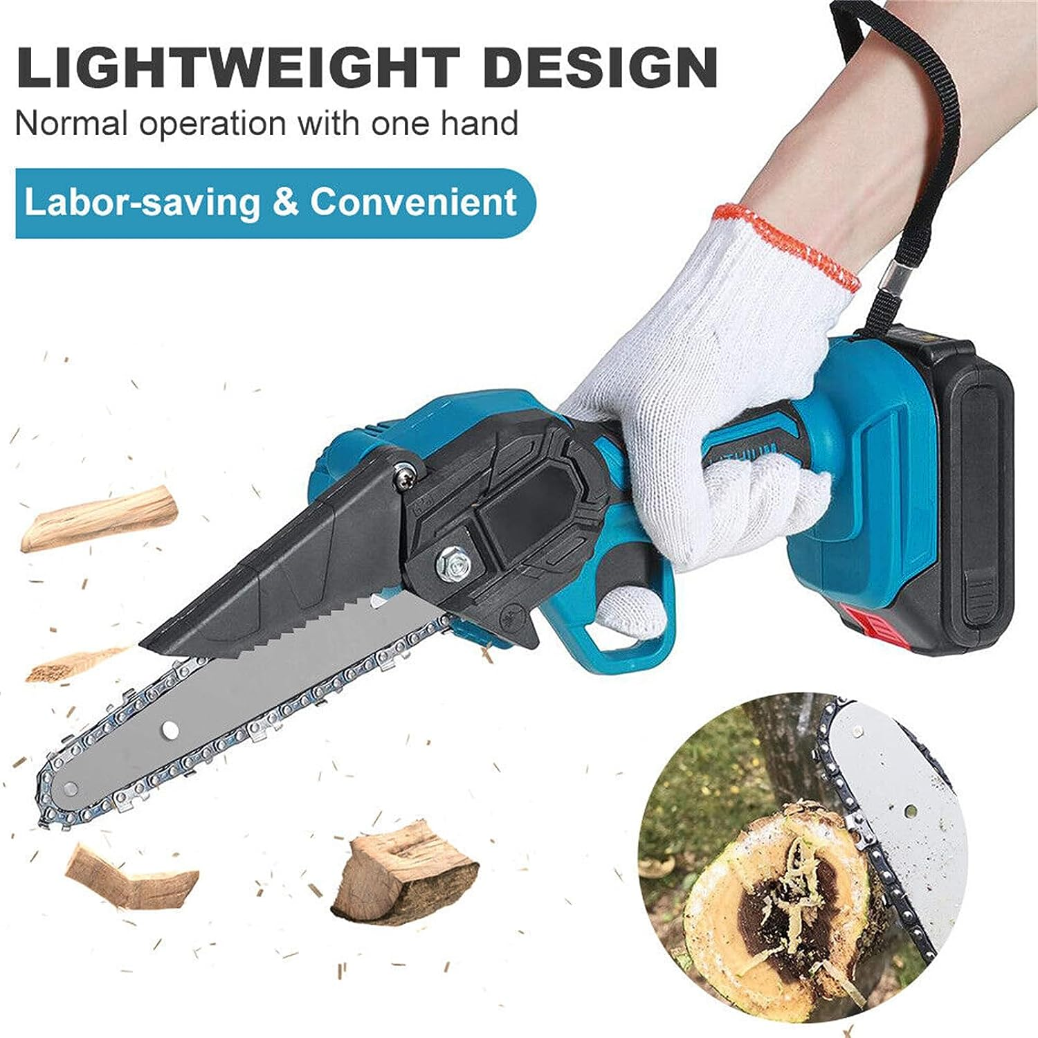 6" Mini Chainsaw Cordless Electric Pruning Shears One-Handed Portable Chain Saw with 2 Battery 2 Chains Safety Lock Gloves Brushless Motor for Branch Wood Cutting Garden Tree Logging Trimming Blue